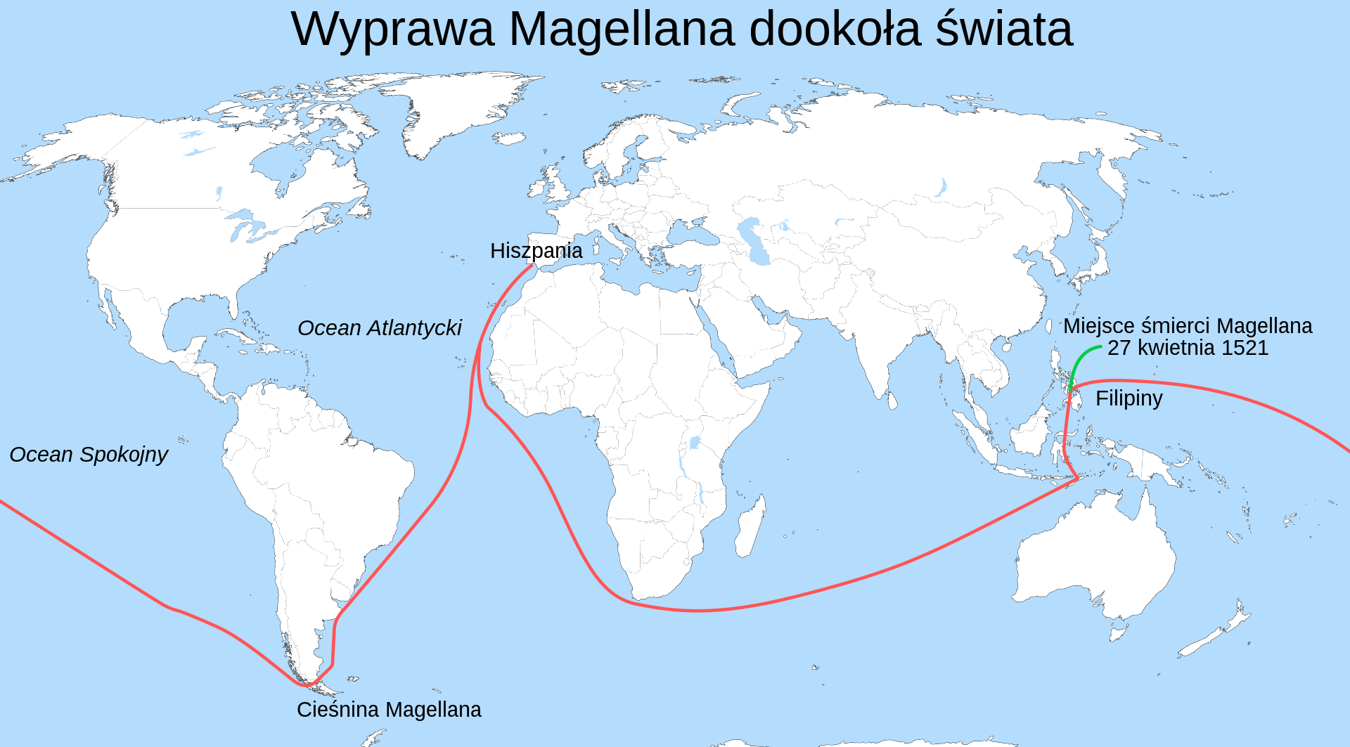 Ilustracja prezentuje mapę świata z zaznaczoną czerwoną linią trasą wyprawy Magellana. Kontynenty są narysowane na biało i otoczone niebieskimi wodami. Trasa wyprawy Magellana rozpoczyna się w Hiszpanii, prowadzi wzdłuż Afryki, następnie wzdłuż wschodnich brzegów Ameryki Południowej, poprzez Ocean Spokojny na Filipiny, następnie Ocean Indyjski, Przylądek Dobrej Nadziei i powrót poprzez Ocean Atlantycki do Hiszpanii.