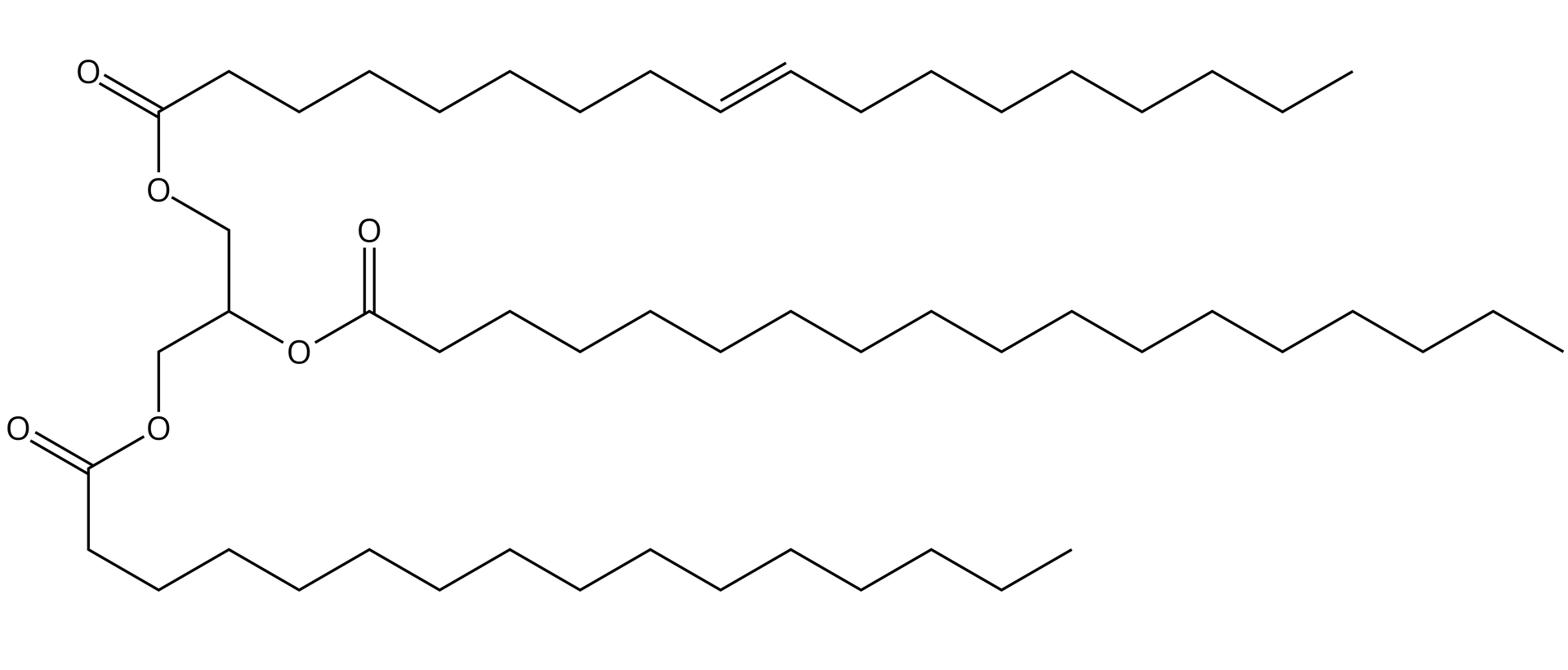 Ilustracja przedstawiająca wzór kreskowy 1‑oleilo‑3-palmitylo‑2-stearynianu glicerolu. Wszystkie atomy węgla i wodoru przedstawiono w formie szkieletowej, to znaczy zaprezentowano w postaci łamanych, w których każde załamanie, tworzące kąt sto dwadzieścia stopni odpowiada atomowi węgla podstawionemu odpowiednią ilością atomów wodoru, zaś kreski stanowią tradycyjnie wiązania. Zatem wzór kreskowy jest następujący. Cząsteczka składa się z trójwęglowego łańcucha glicerolu składającego się z dwóch kresek. Od każdego z trzech punktów załamania odchodzi kreska łącząca atomy węgla z atomami tlenu O. Wspomniane atomy tlenu łączą się za pomocą pojedynczego wiązania z atomem węgla, a atom węgla łączy się za pomocą wiązania podwójnego, to jest dwóch kresek z atomem tlenu. Wspomniany atom węgla grupy estrowej łączy się z łańcuchem węglowodorowym składającym się z łamanej utworzonej przez siedemnaście kresek, co odpowiada siedemnastu atomom węgla, pomiędzy dziewiątym a dziesiątym atomem węgla znajdują się dwie kreski, to znaczy wiązanie podwójne. Atom węgla grupy estrowej związanej z drugim atomem węgla fragmentu glicerolowego łączy się z łamaną składającą się z siedemnastu atomów węgla i jest to łańcuch nasycony. Atom węgla trzeciej grupy estrowej połączonej z trzecim atomem fragmentu glicerolowego związany jest z łańcuchem piętnastowęglowy, który stanowi łamana składająca się z piętnastu kresek. 