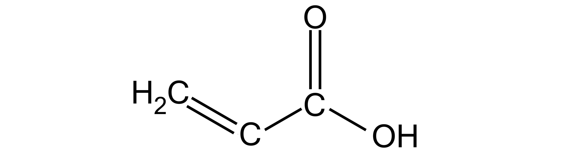 Ilustracja przedstawiająca wzór cząsteczki kwasu akrylowego, który to zbudowany jest z grupy CH2 połączonej za pomocą wiązania podwójnego z grupą CH, która związana jest z atomem węgla połączonym za pomocą wiązania podwójnego z atomem tlenu oraz za pomocą wiązania pojedynczego z grupą hydroksylową OH.