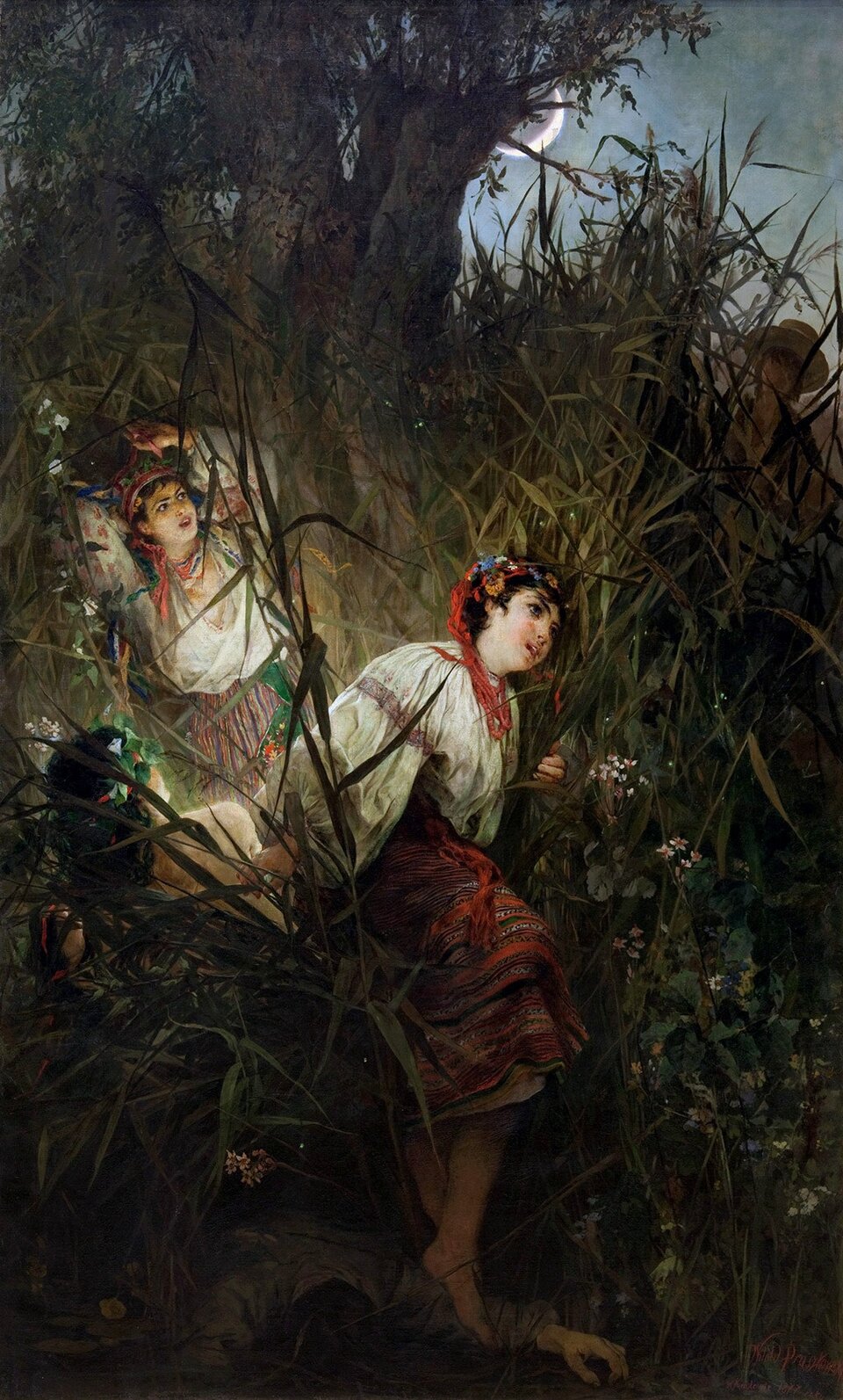 Obraz przedstawia trzy młode dziewczyny w ludowych strojach. Noszą białe, wyszywane bluzki i kolorowe spódnice. Na głowach mają chustki i wianki z kwiatów. Dziewczyny przedzierają się przez gęste trzciny. Jest noc, widać fragment księżyca. W prawym rogu majaczy kapelusz mężczyzny, który je podgląda.