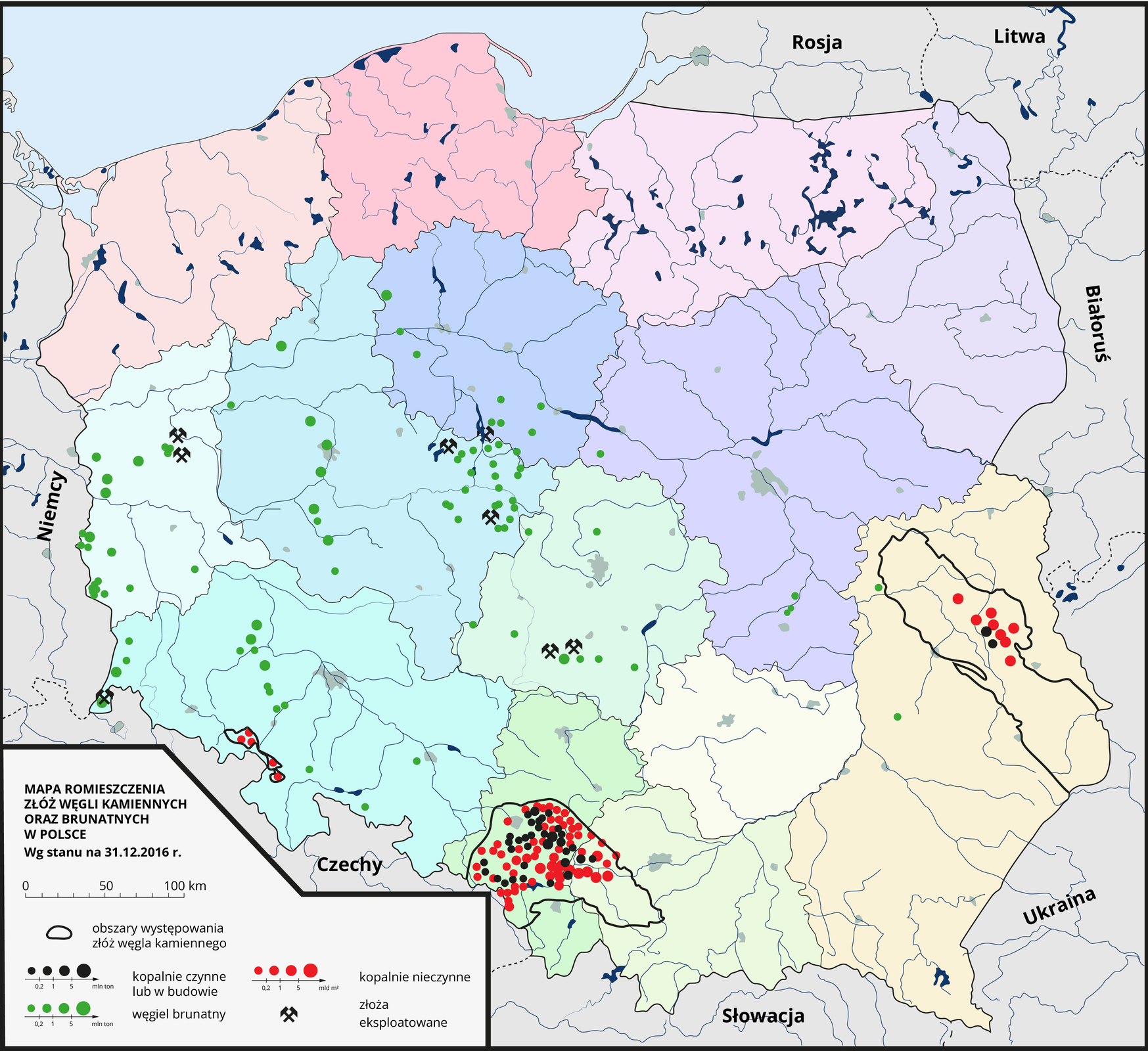 Mapa rozmieszczenia złóż węgli kamiennych, brunatnych w Polsce. Zaznaczono rozmieszczenie złóż węgla kamiennego, brunatnego i torfu. Ponad połowa torfowisk znajduje się w północnej części kraju. Obszary występowania węgla kamiennego: południe województwa dolnośląskiego (kopalnie nieczynne), województwo śląskie - kopalni czynnych jest mniej niż nieczynnych, województwo lubelskie (dwie kopalnie czynne czynne, kilka nieczynnych). Węgiel brunatny: Miejsca wydobycia w Polsce:  Zagłębie Konińskie, Zagłębie Turoszowskie, Zagłębie Bełchatowskie, Kopalnia Węgla Brunatnego Sieniawa. Złoża perspektywiczne węgla brunatnego w Polsce: Legnica – Prochowice – Ścinawa. Gubin – Mosty – Brody, Kozienice – Głowaczów, Trzcianka, Złoczew.   