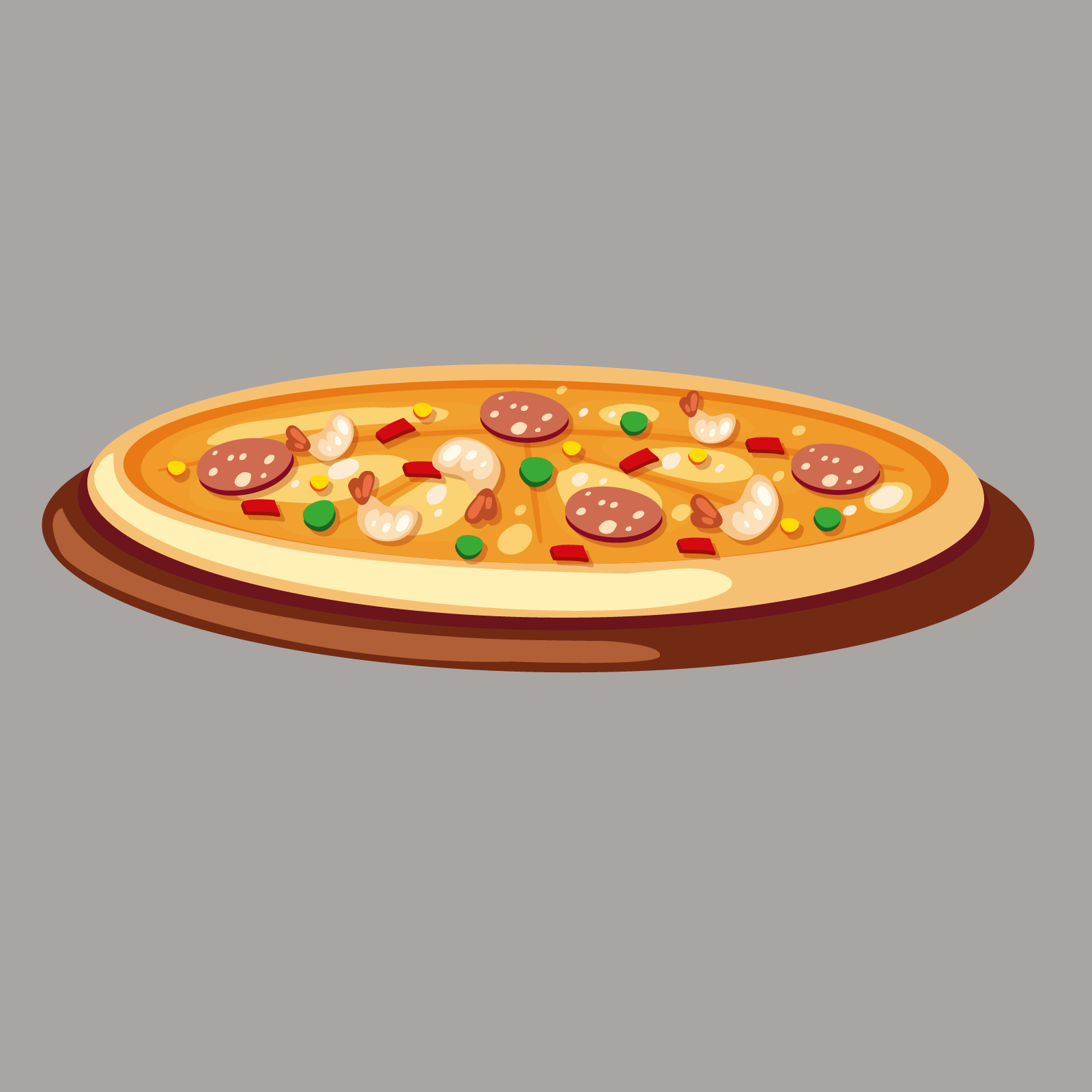 Ilustracja przedstawia pizzę z salami i innymi dodatkami.