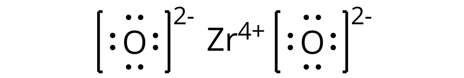 Ilustracja przedstawiająca wzór tlenku cyrkonu(<math aria‑label="cztery">IV) o budowie jonowej, który to tworzy kation cyrkonu Zr4+ otoczony przez dwa aniony tlenkowe, każdy przedstawiony jako symbol tlenu O otoczony ośmioma elektronami, to jest czterema parami elektronowymi oraz znajdujący się w nawiasie kwadratowym, względem którego w indeksie górnym znajduje się wartość ładunku dwa minus.