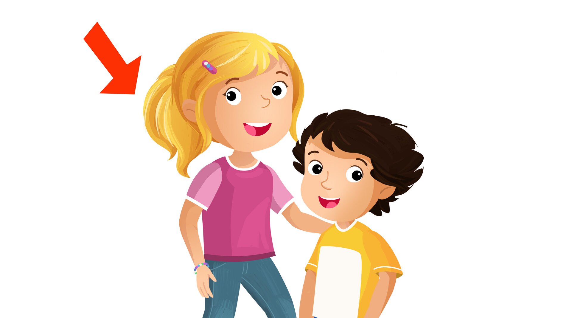 Na ilustracji znajduje się chłopiec i dziewczynka, a strzałka wskazuje na dziewczynkę - siostrę.