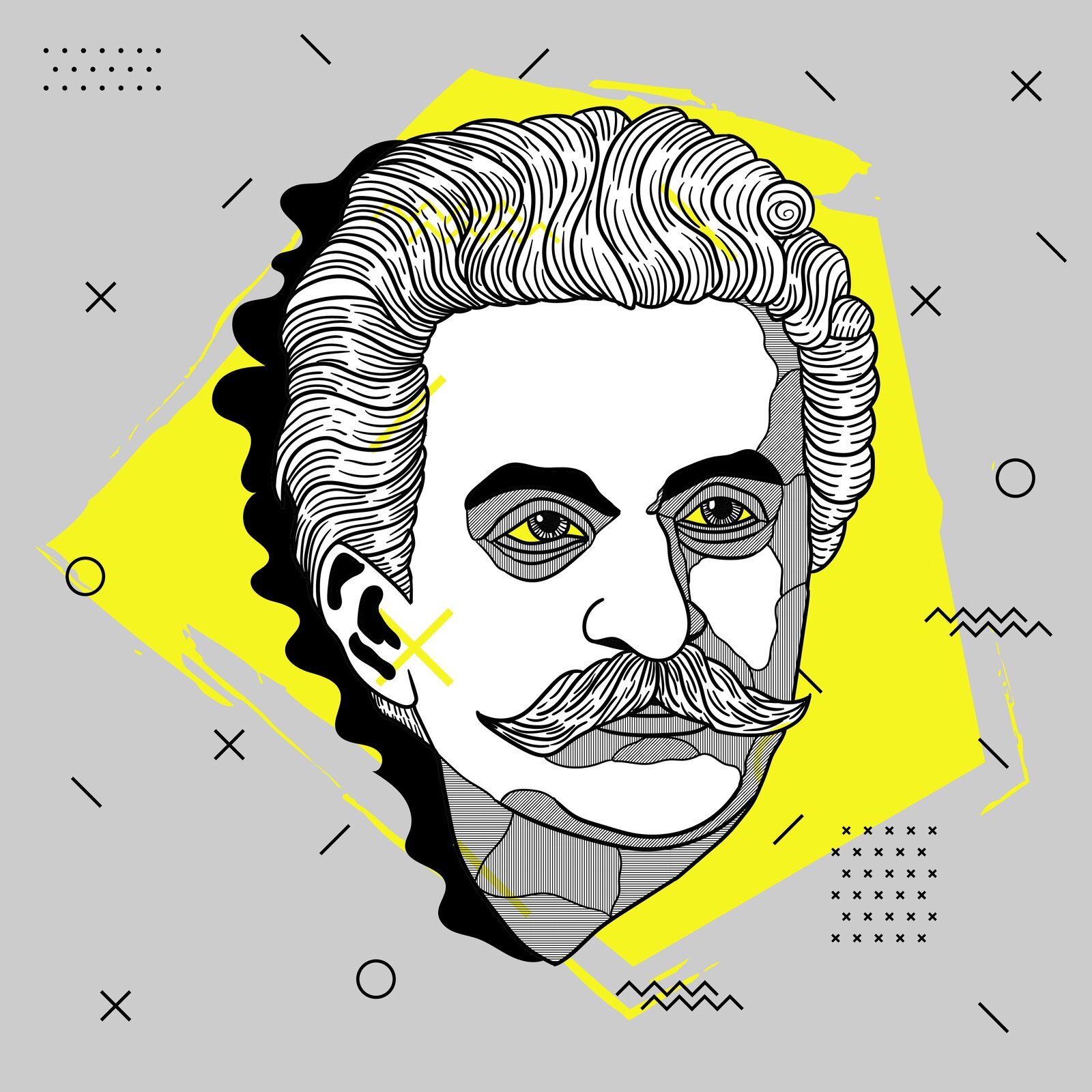 Ilustracja przedstawia współczesną karykaturę Johanna Straussa. Grafikę stworzono z geometrycznych wzorów i kształtów. Twarz składa się z białego pola, a także z różnych obłych kształtów, które są białe z licznymi cienkimi czarnymi liniami. Oczy są żółte, a brwi zamalowano na czarno. Mężczyzna ma wąsy. Włosy stworzono z podłużnych kształtów, ułożonych blisko siebie, są one białe z czarnymi kreskami. W tle znajduje się żółtozielony kształt, a dalej szary kolor z narysowanymi wzorami geometrycznymi.