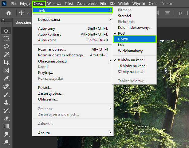 Ilustracja przedstawia okno programu. Z menu wybrano zakładkę: Obraz, a w niej Tryb i kolejno CMYK. W obszarze roboczym jest zdjęcie lasu. 