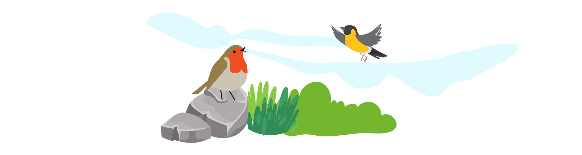 Ilustracja przedstawia dwa ptaki. Po lewej stronie leżą dwa szare kamienie, na których siedzi rudzik. Ma czerwone upierzenie na szyi, jasnoszare na brzuchu i brązowe na grzbiecie i skrzydłach. Po prawej stronie, na tle błękitnego nieba, wzbija się do lotu sikorka bogatka. Jest to czarno‑biały ptak z żółtym upierzeniem na brzuszku. Poniżej rośnie pojedyncza kępka (czyli skupisko) wysokiej trawy i zielony krzew.