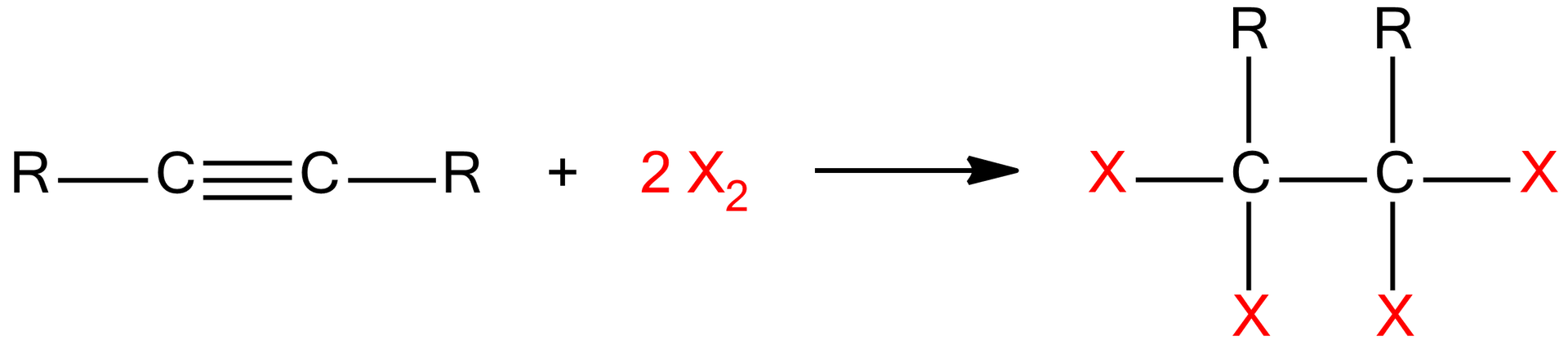 Na ilustracji jest równanie reakcji: wzór pierwszego substratu - dwa atomy węgla łączą się ze sobą wiązaniem potrójnym, każdy z atomów węgla łączy się z R. Drugi substrat to 2 x 2 . W wyniku reakcji powstaje produkt o wzorze: dwa atomy węgla łączą się ze sobą. Każdy z nich na górze łączy się z R, a z dwóch pozostałych wolnych stron łączy się z X.