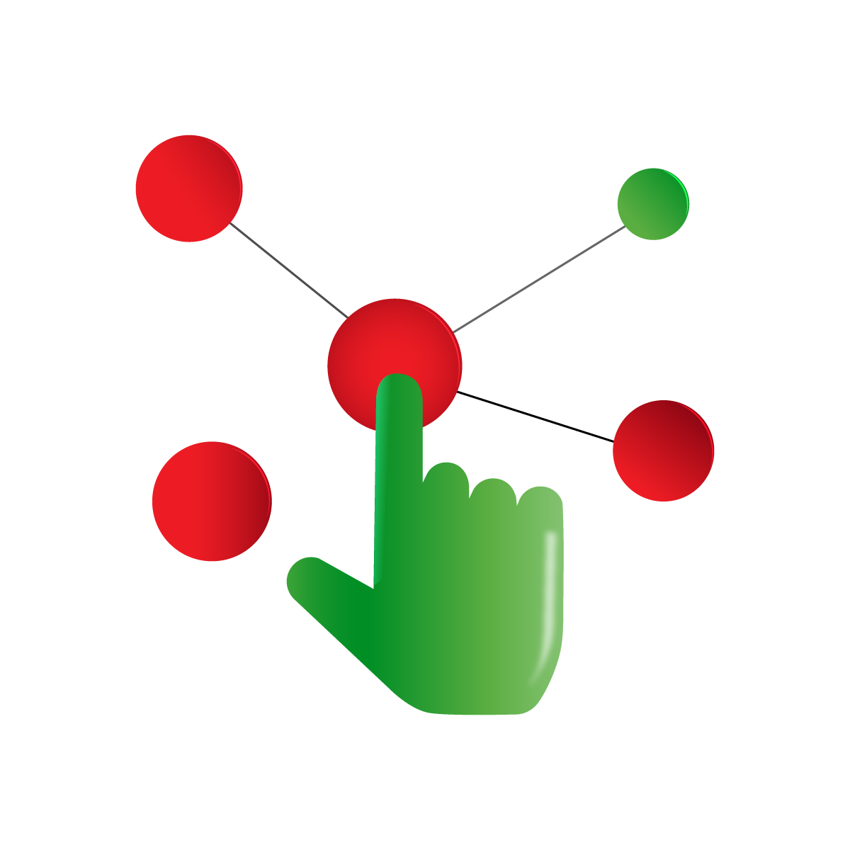Grafika przedstawia rysunek zielonej dłoni, która palcem wskazującym dotyka jednego z kilku połączonych ze sobą liniami czerwonych punktów