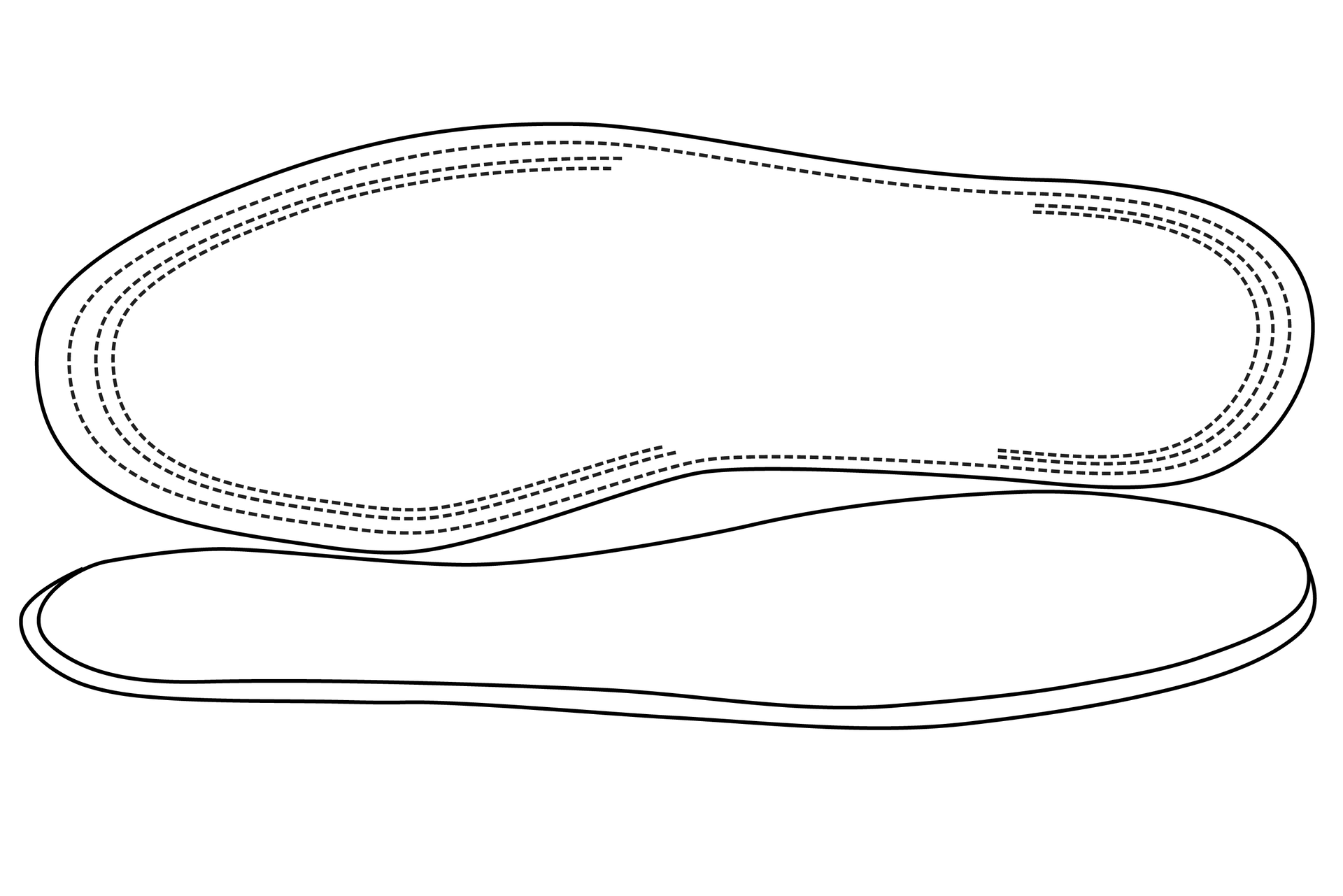 Grafika przedstawia kształt podeszwy widziany od przodu oraz z boku.