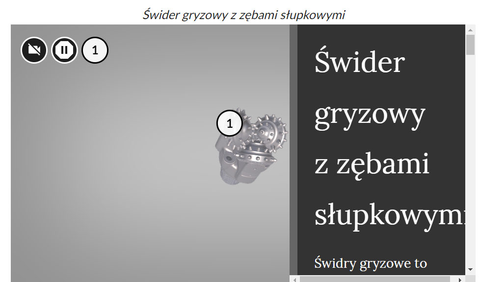 Ilustracja przedstawia model 3D świdra gryzowego z zębami słupkowymi z zaznaczonym punktorem wskazującym świder gryzowy z zębami słupkowymi.