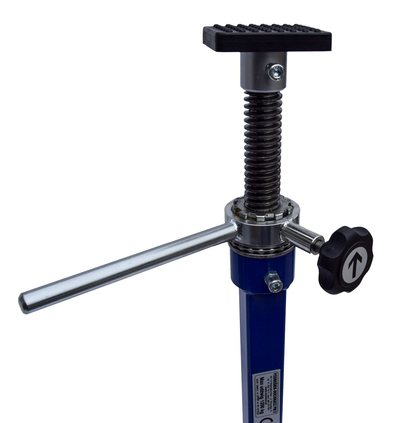 Na zdjęciu przedstawiony jest podnośnik śrubowy. Od dołu widzimy kwadratowy długi korpus. Na jego końcu widzimy metalowy krążek z przymocowanym drążkiem który służy do zmieniania wysokości wysunięcia śruby podnośnika. Krążek jest zamocowany na śrubie. Na samym szczycie śruby zamocowany jest ogumowany kawałek metalu który służy do pootrzymywania powierzchni. 