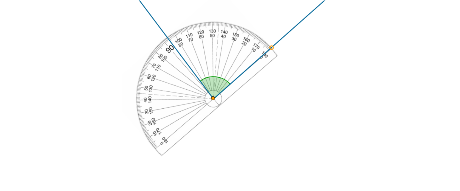 Na rysunku znajduje się kąt ostry oraz kątomierz nałożony na kąt, który pokazuje miarę tego kąta równą 86 stopni.