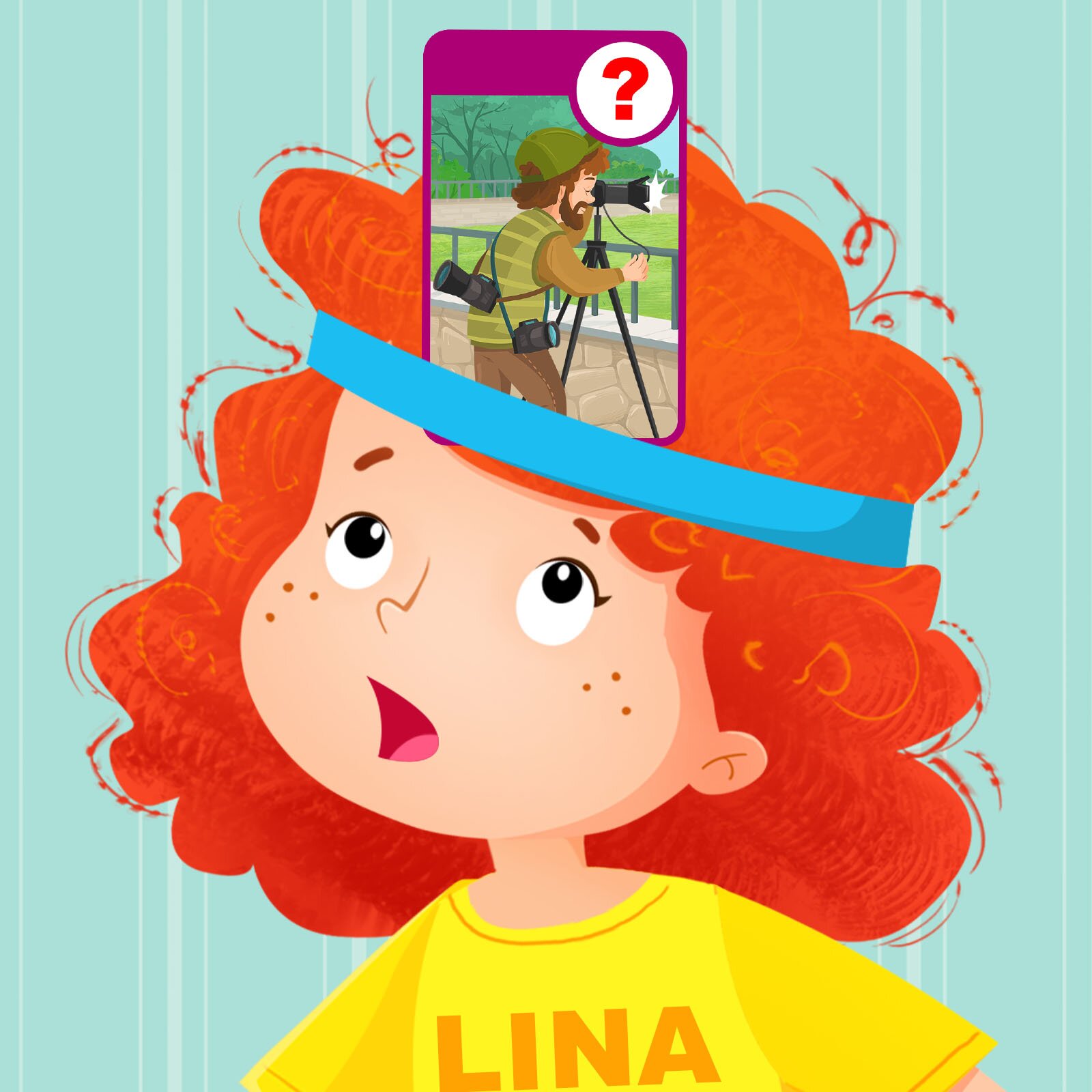 Ilustracja przedstawia dziewczynkę, która ma na czole kartę przedstawiającą fotografa. Obok postaci widoczny jest czerwony znak zapytania.
