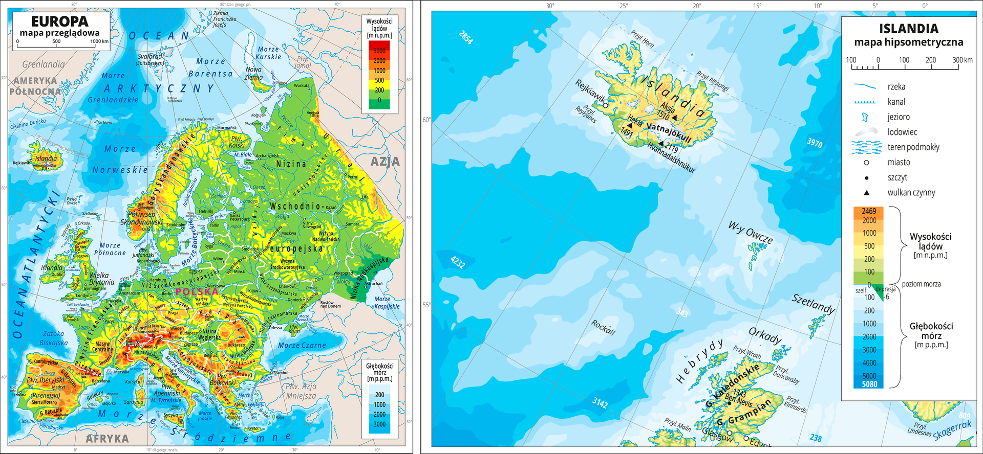 Dwie mapy obok siebie ukazują położenie Islandii, na mapie po lewej stronie pokazano Europę oraz oraz Islandię umiejscowioną po północno – wschodniej stronie Europy na Oceanie Atlantyckim. Obok mapa ukazuje samą Islandię na Oceanie Atlantyckim. Na obu mapach zastosowano skalę barw dla ukazania wysokości. Kolor zielony oznacza niziny, żółty -wyżyny, a czerwony - góry. Kolorem niebieskim zaznaczono morza i oceany. Białe plamy na terenie Islandii to lodowce.