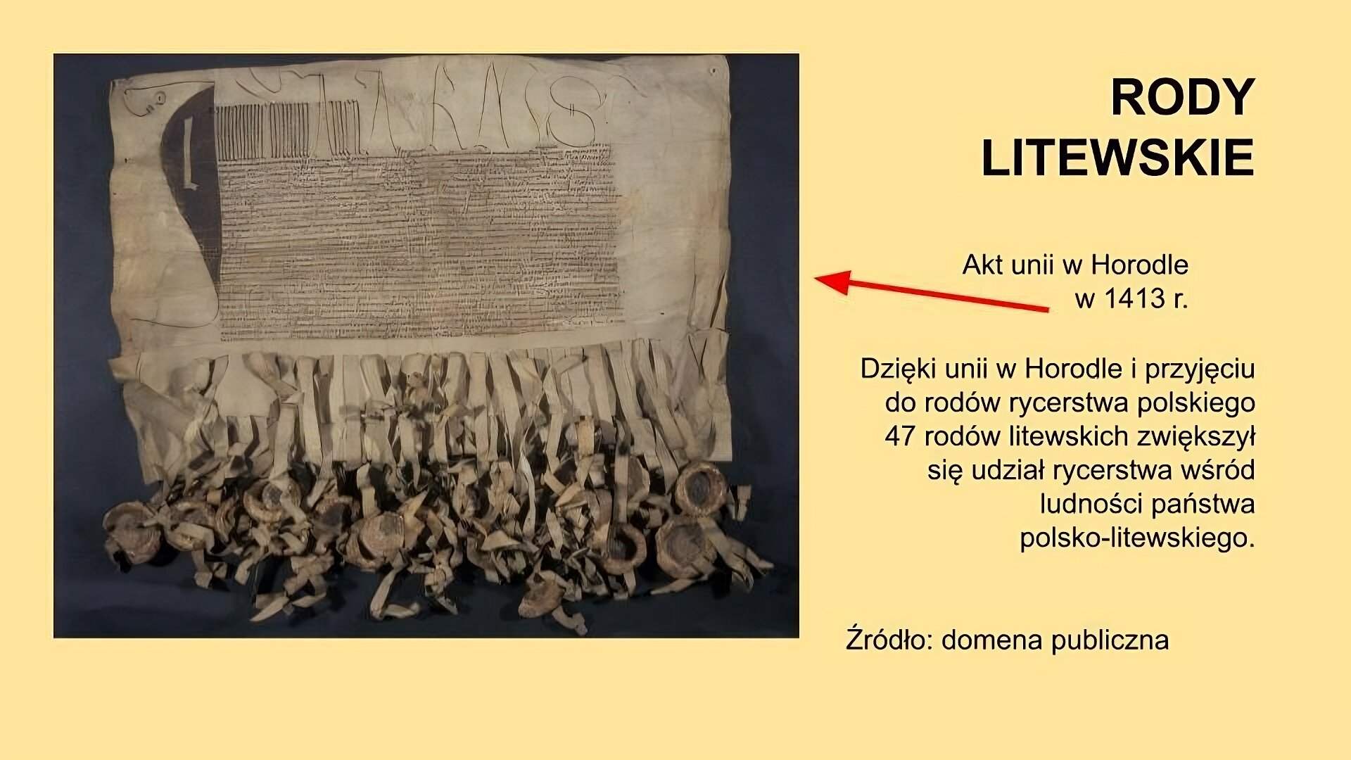 Slajd, na nim tytuł: Rody litewskie, umieszczony z prawej strony slajdu, w górnej jego części. Z lewej ilustracja na której umieszczona jest reprodukcja aktu unii polsko‑litewskiej w Horodle. Jest to dokument spisany w języku łacińskim pismem odręcznym na pergaminie. Dla uwierzytelnienia jego treści i potwierdzenia mocy podpisów zostały przyczepione doń pieczęcie uczestników tego wydarzenia. Tych pieczęci jest kilkadziesiąt. W stronę ilustracji skierowana jest czerwona strzałka z podpisem: Akt unii w Horodle w 1413 r.. Pod nim tekst: Dzięki unii w Horodle i przyjęciu do rodów rycerstwa polskiego 47 rodów litewskich zwiększył się udział rycerstwa wśród ludności państwa polsko‑litewskiego. Jeszcze poniżej napis: Źródło: domena publiczna. 