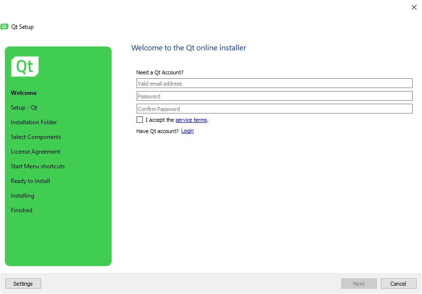 Zrzut ekranu przedstawia instalator Qt.  krok pierwszy  Welcome.  W oknie znajdują się trzy pola do wypełnienia: email, hasło , oraz powtórzone hasło.  Poniżej znajduje się  checkbox świadczący dowód o przeczytaniu warunków.  Okno to posiada takie przyciski jak: Settings, next i cancel.