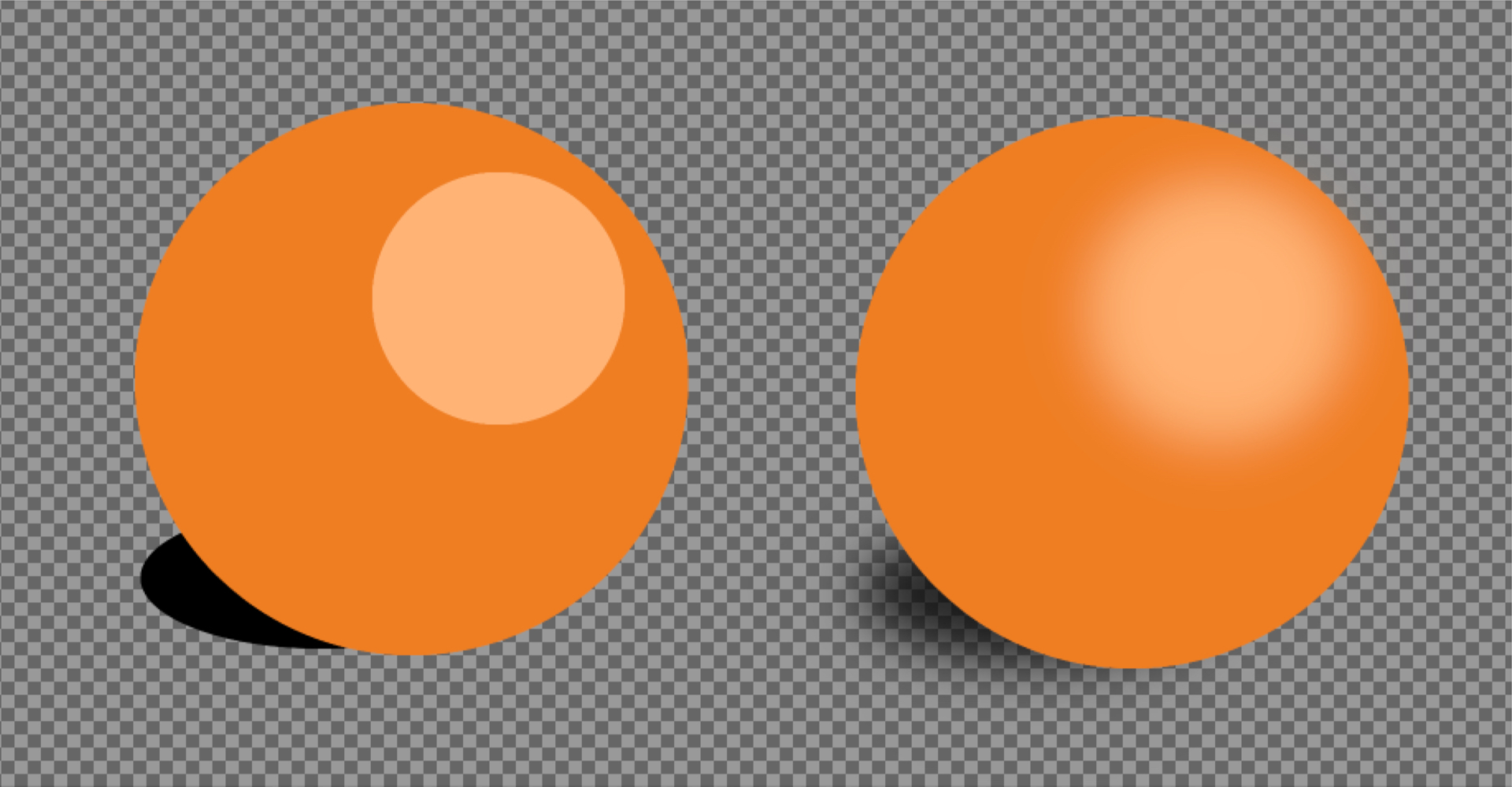 Na ilustracji na tle drobnych szarych kwadratów są obok siebie dwie pomarańczowe kule. Na kuli, zlokalizowanej po lewej stronie obrazka, w jej górnej części jest jasnopomarańczowe koło, na kuli po prawej stronie koło to jest rozmyte, nie ma wyraźniej granicy. Na dole kul po lewej stronie zaznaczono cienie. Cień kuli znajdującej się po prawej stronie jest rozmyty. 