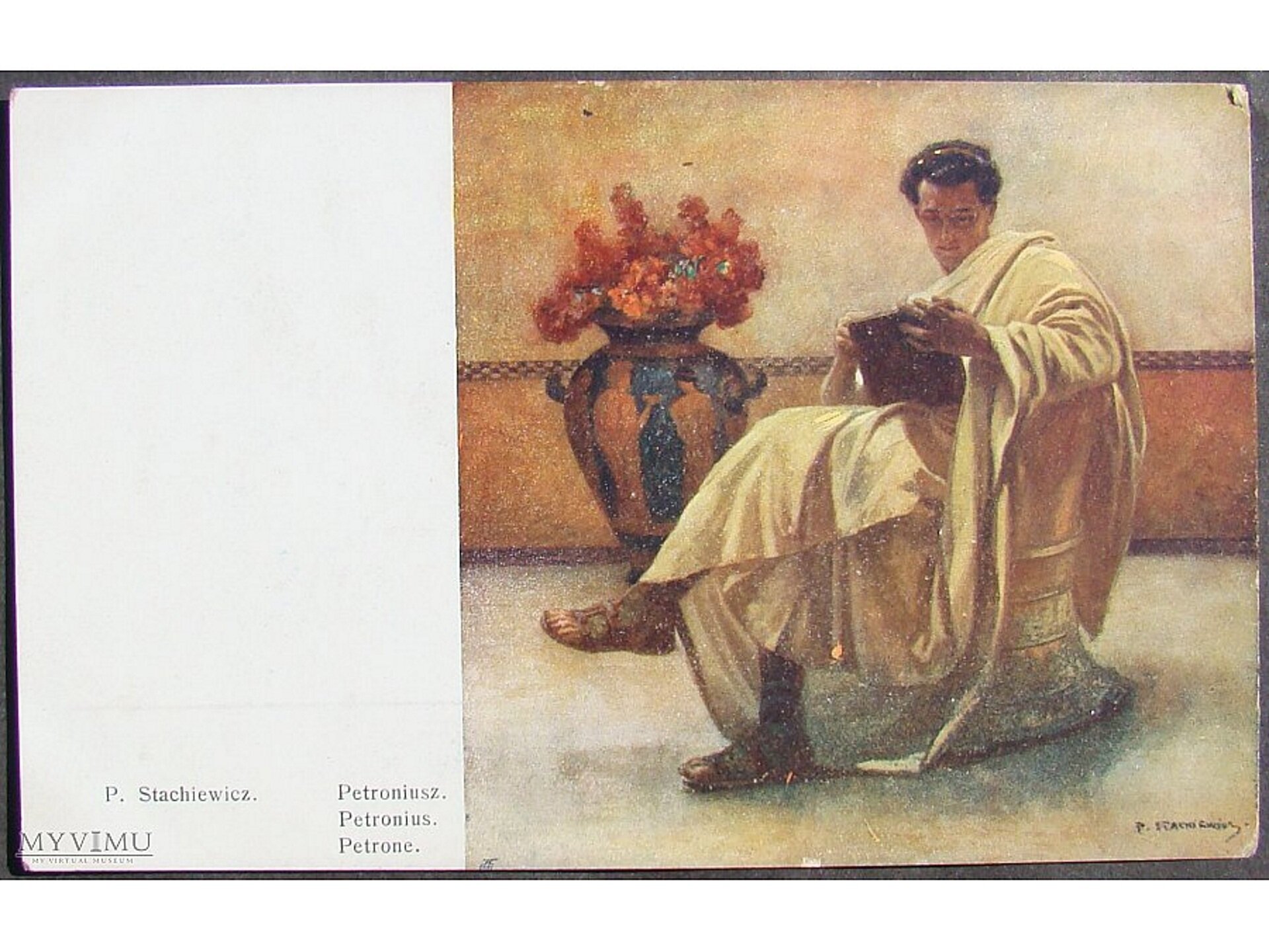 Ilustracja przedstawia pocztówkę autorstwa P. Stachiewicza, na której znajduje się podobizna Patroniusza odzianego w togę. Młody mężczyzna jest ubrany w białą togę, w dłoniach trzyma księgę i  siedzi na złotym fotelu. Obok niego znajduje się duży wazon oraz czerwone kwiaty. 