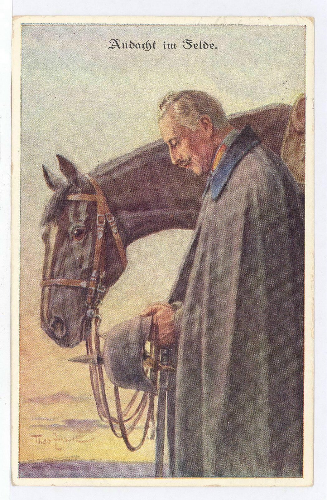 Kliknij żeby powiększyć Na ilustracji pocztówka propagandowa, na której jest Cesarz Wilhelm II. Modli się na polu. Władca ma pochylona głowę. Obok niego stoi koń.