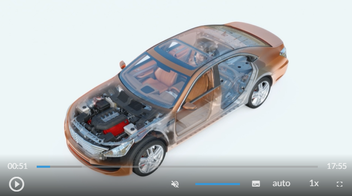 Przykładowy widok planszy filmu przedstawia samochód osobowy z elementami budowy. Poniżej znajduje się menu w poziomie, a w nim od lewej: przycisk uruchomienia i pauzowania filmu, przycisk włączania i wyłączania dźwięku, wybór poziomu głośności, ścieżka z audiodeskrypcją, napisy, jakość obrazu, szybkość odtwarzania, tryb pełnoekranowy.