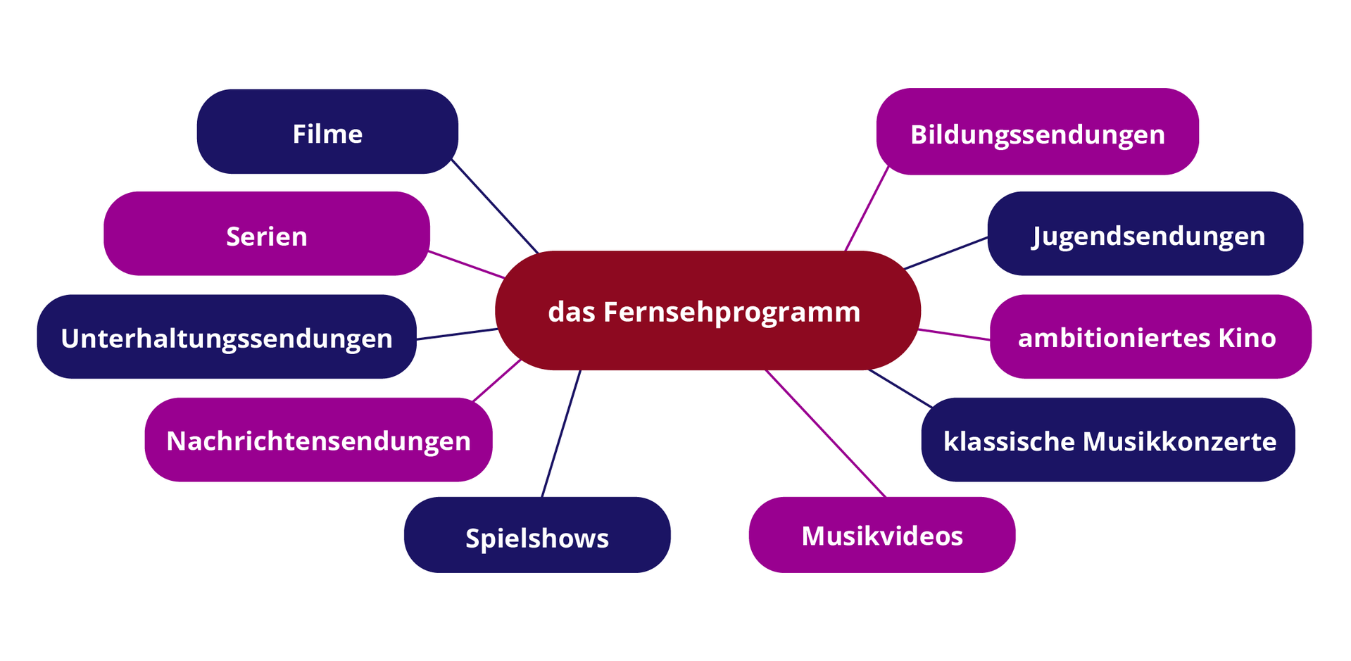lustracja przedstawia mapę myśli. W centralnym punkcie znajduje się główne pojęcie   Das Fernsehprogramm, a kategorie od niego to: 
  Filme, Serien, Unterhaltungssendungen, Nachrichtensendungen, Bildungssendungen, Jugendsendungen
Poza tym, w obszarze   Das Fernsehprogramm, znajdują się także:   Ambitioniertes Kino
Klassische Musikkonzerte, Spielshows, Musikvideos
