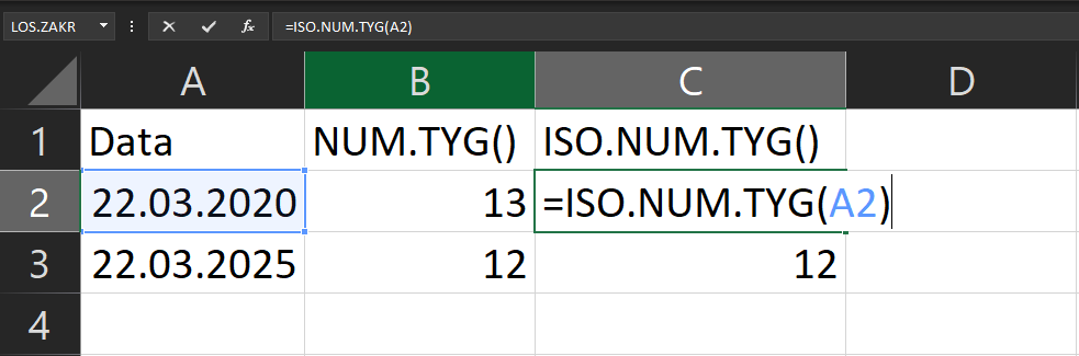 Na zrzucie ekranu widoczny jest fragment arkusza Excel. W komórce A1 wpisano tytuł Data. W komórce B1 wpisano tytuł NUM.TYG(). W kolumnie A, w komórkach od A2 do A3, są daty. W kolumnie B, w komórkach od B2 do B3, jest numer tygodnia. W komórce C2 wpisano formułę =ISO.NUM.TYG(A2). W komórce C3 wpisano liczbę.