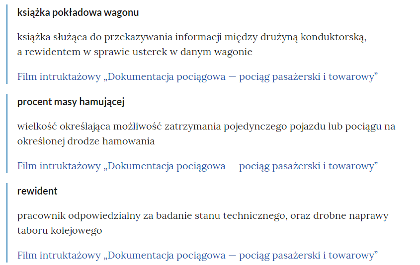 Grafika przedstawia przykładowe pojęcia w słowniku. Każde zagadnienie zostało pogrubione, pod nim znajduje się jego definicja, a jeszcze niżej link to e materiału, w którym można znaleźć więcej informacji na ten temat. 