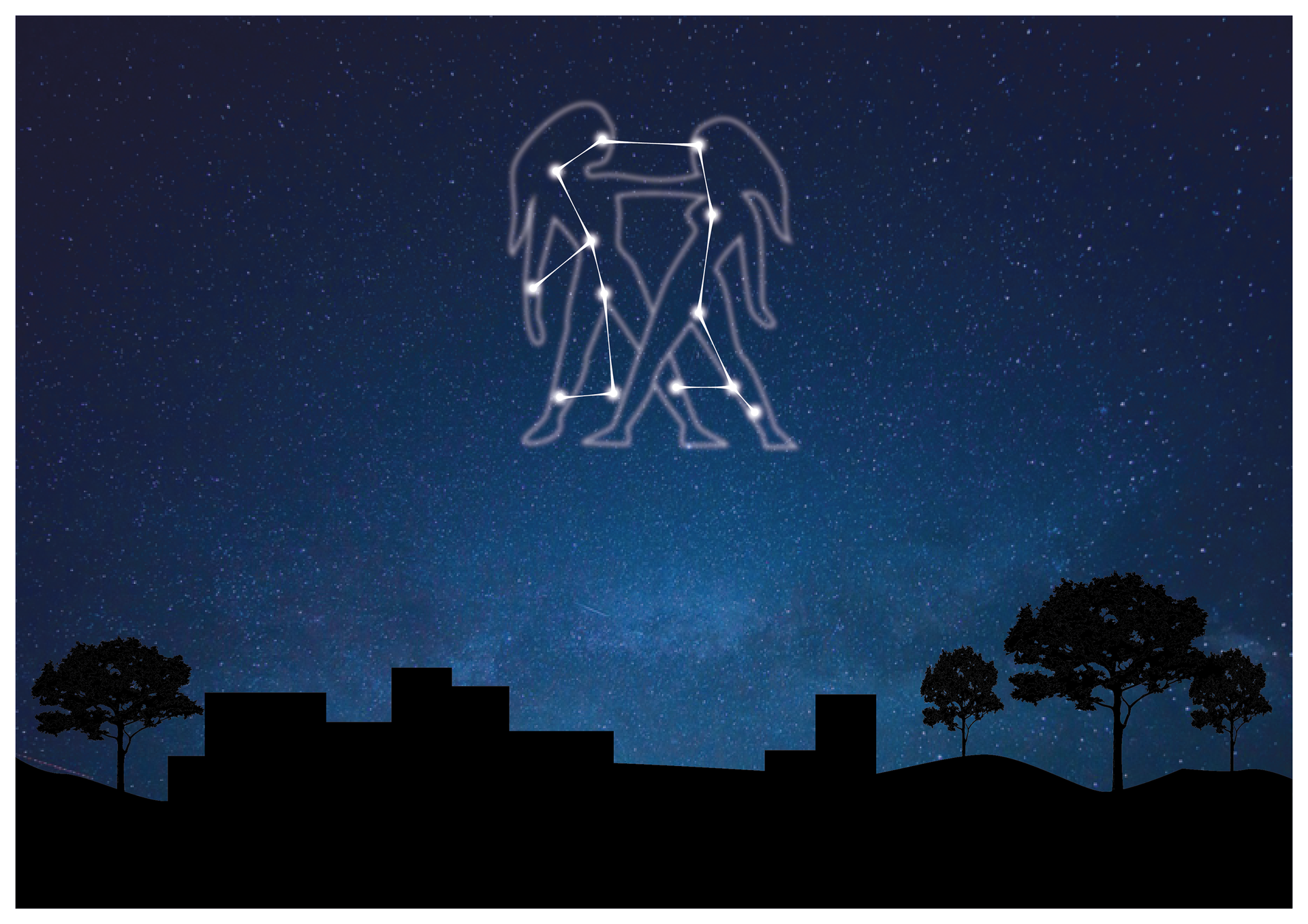 Ilustracja przedstawia gwiazdozbiór Bliźniąt (Gemini) na nocnym niebie. Dla lepszego efektu, gwiazdy połączono odcinkami i narysowano na nich kształt dwóch postaci - bliźniąt.