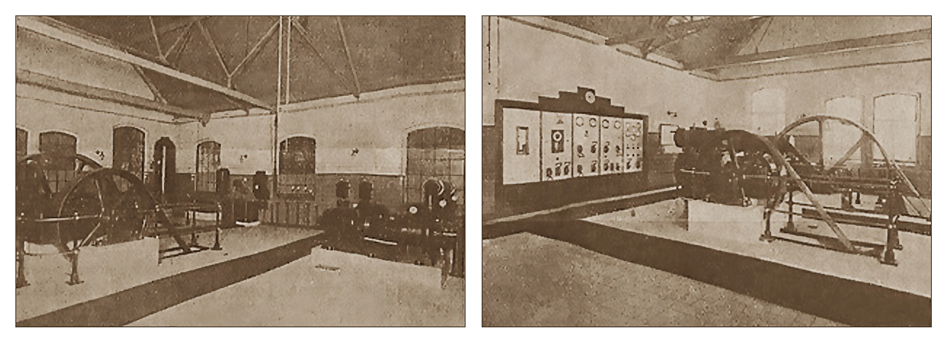 Dwa zdjęcia w sepii. Zdjęcie po lewej stronie przedstawia wnętrze hali maszyn wodociągów wraz z kompresorami. Urządzenia ustawiono wokół ścian. Na środku pomieszczenia czarne urządzenie z dużymi kołami zamachowymi. Zdjęcie po prawej stronie przedstawia pomieszczenie z urządzeniem z dużymi kołami zamachowymi w centrum. Na ścianie, po lewej stronie zdjęcia wskaźniki oraz przekładnie sterujące.