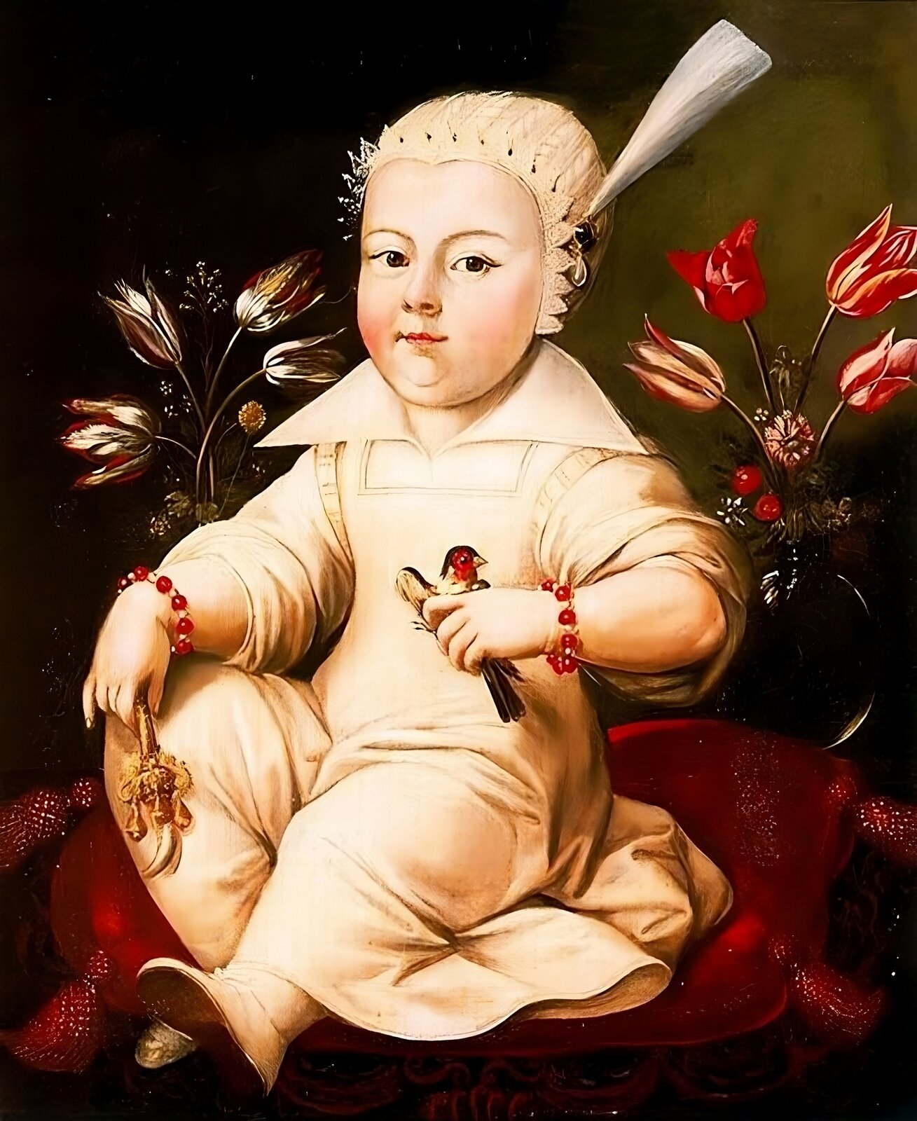 Kliknij, aby powiększyć. Portret przedstawia Stanisława Leszczyńskiego w wieku niemowlęcym siedzącego na aksamitnej poduszce, mającej w każdym rogu jedwabne frędzle. Mały Stanisław ubrany jest w płócienną sukienkę, spod której wystaje koszula z obszernym kołnierzem. Na głowie malec ma wełniany czepek ozdobiony klejnotami i piórami. Na przegubach obu rąk widoczne są bransoletki z amuletami. Chłopczyk ma w prawej dłoni grzechotkę, a w lewej trzyma ptaszka. W tyle za dzieckiem widoczne szklane wazony z kwiatami.