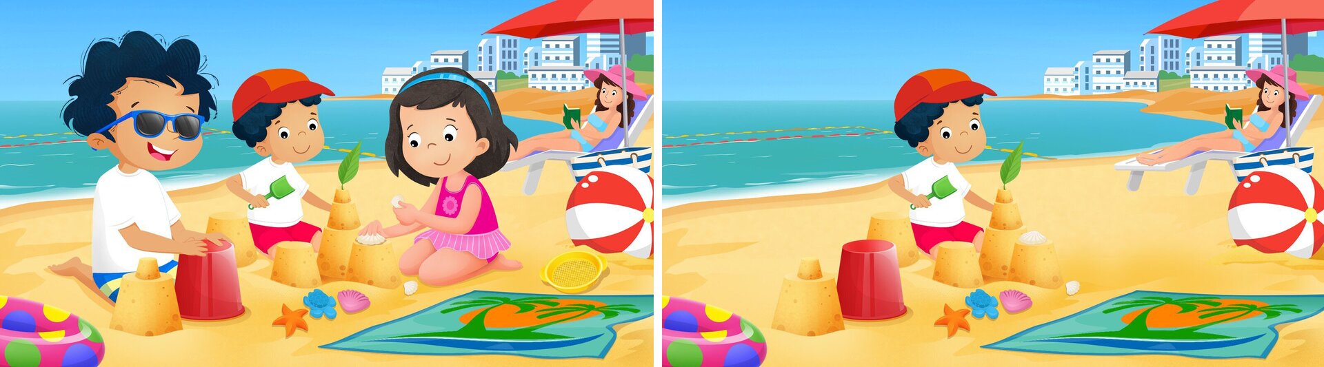 Ilustracja po prawej przedstawia troje dzieci bawiących się na piasku. Widoczne są wiaderko, łopatka, foremki, sitko i ręcznik kąpielowy. Ilustracja po lewej przedstawia jedno dziecko. Widoczne są wiaderko, łopatka, foremki i ręcznik kąpielowy.