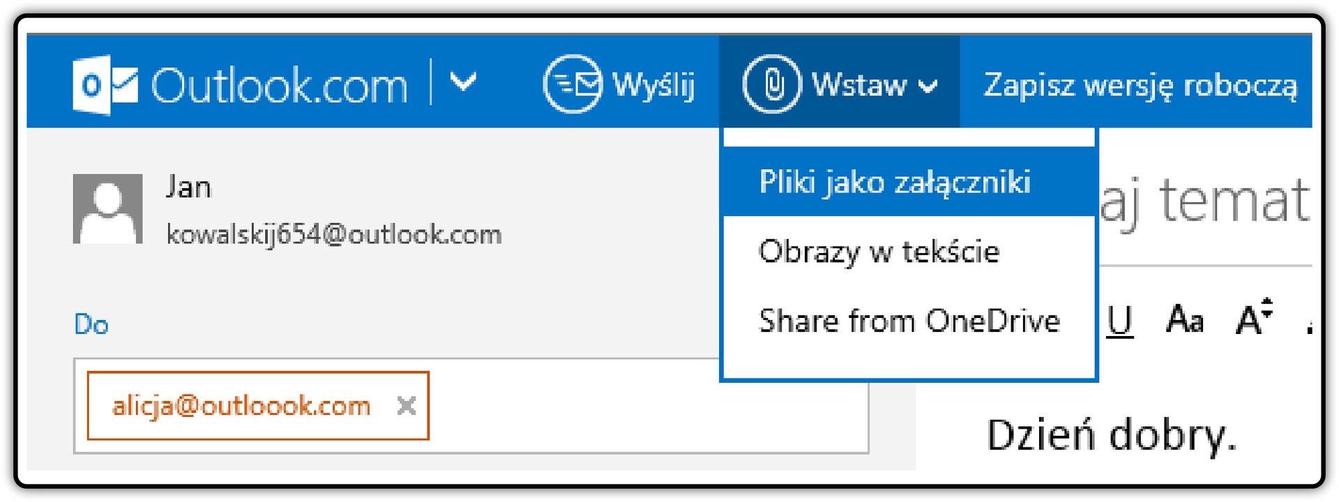 Zrzut fragmentu okna poczty Outlook.com z pokazaną listą rozwijalną: Wstaw