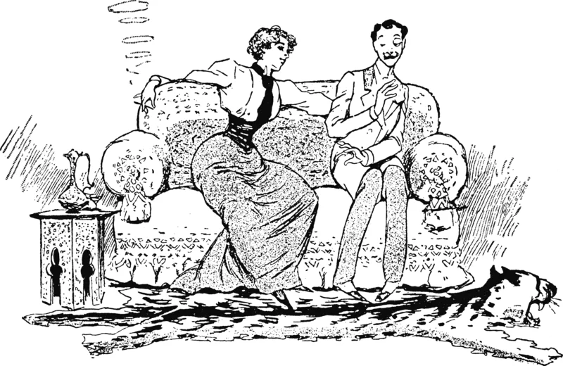 Ilustracja B. Kobieta siedzi obok mężczyzny na sofie. Kobieta siedzi swobodnie, jedną rękę trzyma na oparciu kanapy, trzyma w niej papierosa, z którego unosi się dym. Kobieta ma szeroko rozstawione nogi. Ubrana jest w długą spódnicę, bluzkę z długim rękawem. Mężczyzna odsuwa się od kobiety, ma złączone kolana, a stopy ustawione do środka. Wydaje się być przestraszony. U stóp kobiety i mężczyzny leży skóra z tygrysa. 