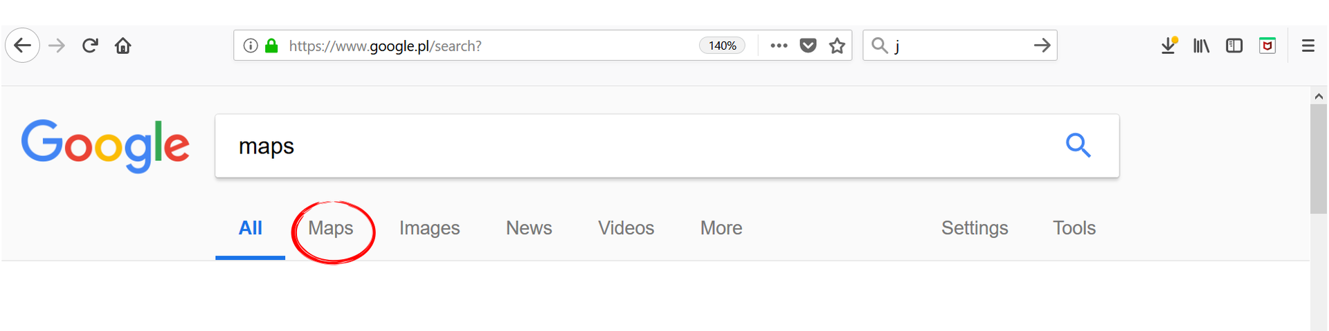 Zrzut z ekranu przedstawia dostępne opcje w wyszukiwarce Google: All (domyślne), Maps (zaznaczone na zrzucie), Images, New, Videos, More. Dodatkowo można wybrać Setting oraz Tools.