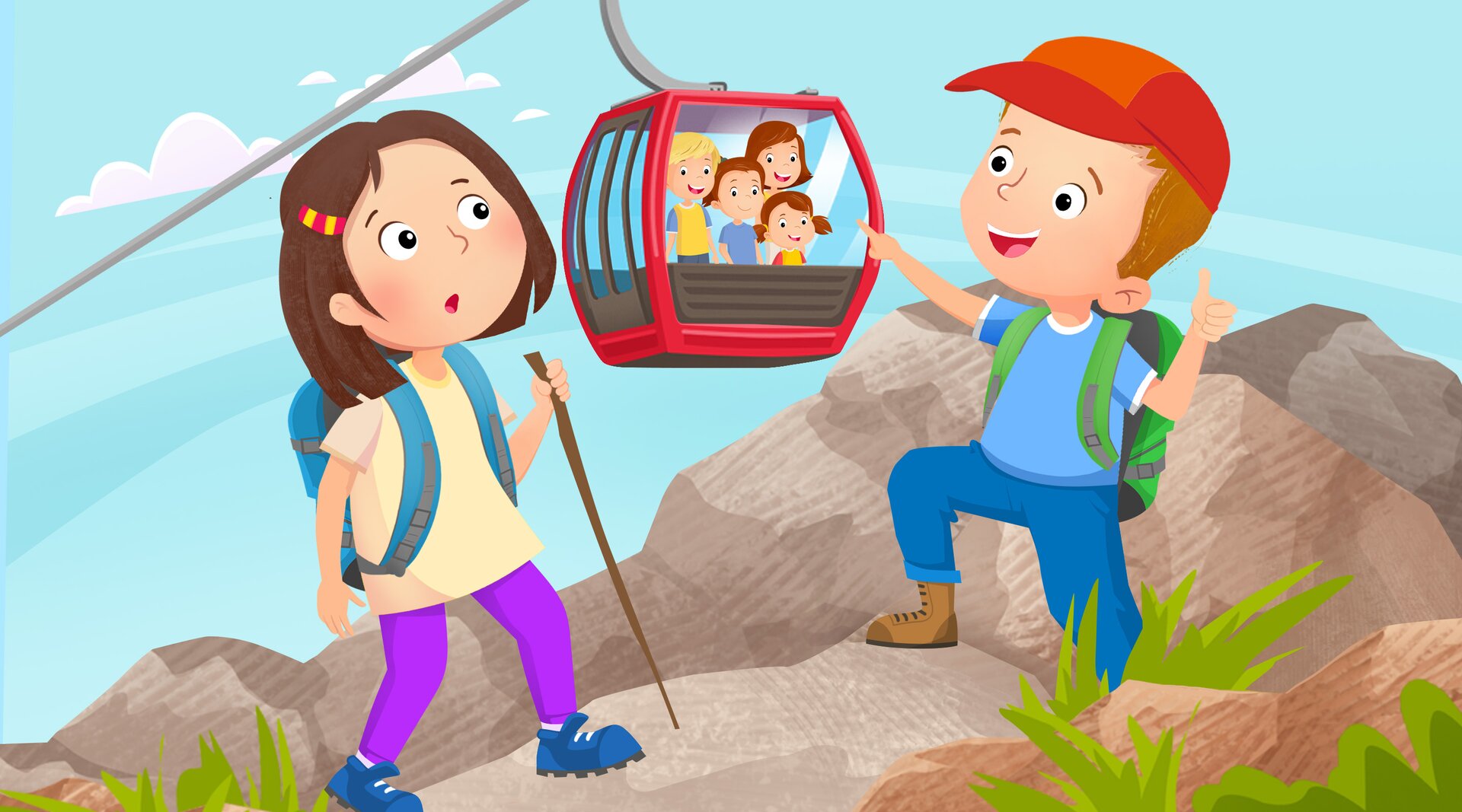 Ilustracja przedstawia dwoje dzieci na szczycie góry. Mają plecaki i buty do chodzenia po górach. Dziewczynka opiera się na kiju. W tle widoczny jest wagonik kolejki linowej, w którym siedzi rodzina. 