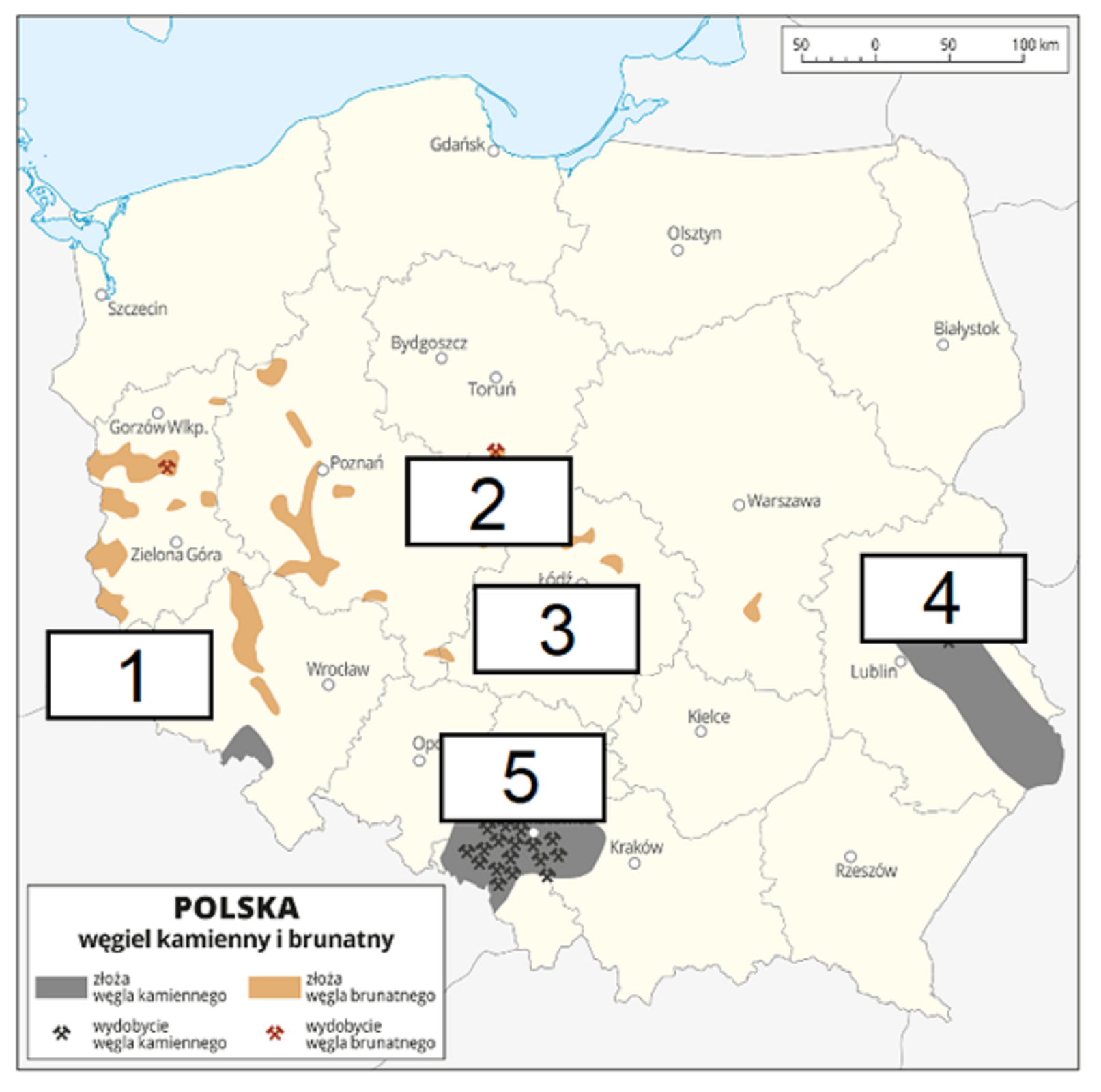 Ilustracja przedstawia mapę Polski z podziałem na województwa. Oznaczono i opisano główne miasta. Na mapie kolorem szarym zaznaczono obszary, na których występują złoża węgla kamiennego, a kolorem brązowym obszary, na których występują złoża węgla brunatnego. Za pomocą sygnatur oznaczono miejsca wydobycia węgla. Zasadniczo pokrywają się one z miejscem występowania złóż. Opisano nazwy okręgów przemysłowych. Złoża węgla kamiennego występują w województwie śląskim, tam też jest największe wydobycie. Drugim obszarem dużego występowania, ale mniejszego wydobycia złóż węgla kamiennego jest Lubelskie Zagłębie Węglowe. Złoża węgla brunatnego zlokalizowane są w wielu miejscach w województwie lubuskim, wielkopolskim, dolnośląskim i łódzkim ale wydobycie odbywa się tylko w kilku rejonach. Na dole mapy w legendzie opisano znaki użyte na mapie.Na lewym skraju województwa dolnośląskiego przy granicy czeskiej jest wstawiona ramka z liczbą "1" w środku. W miejscu łączenia się trzech województw tj. województwo wielkopolskie, łódzkie i kujawsko-pomorskie jest ramka z napisem w środku "2". W miejscu województwa łódzkiego jest ramka z napisem "3" w środku. W miejscu województwa lubelskiego jest ramka z napisem w środku "4", oraz w miejscu województwa śląskiego jest ramka z liczbą "5" w środku.