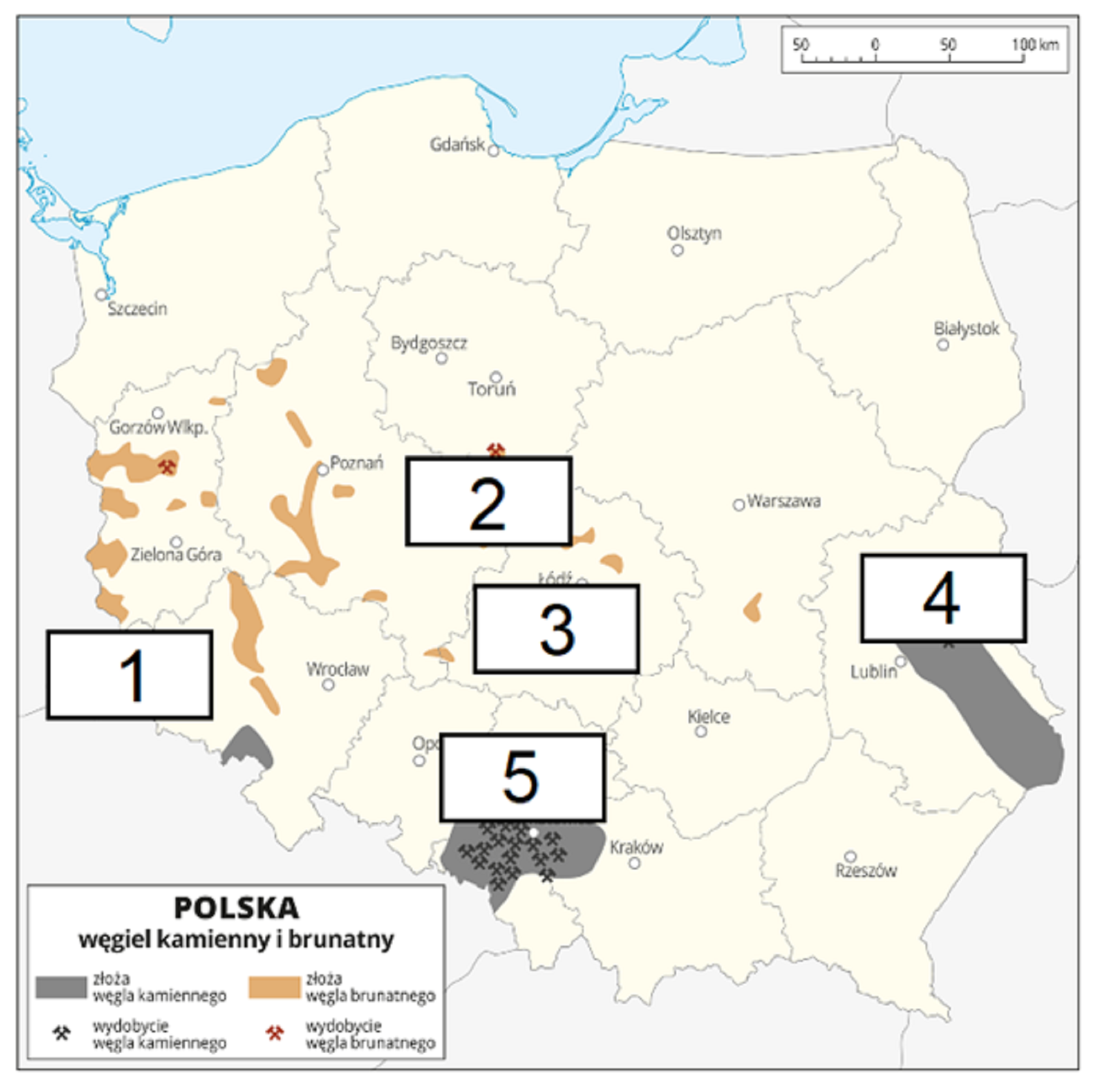 Ilustracja przedstawia mapę Polski z podziałem na województwa. Oznaczono i opisano główne miasta. Na mapie kolorem szarym zaznaczono obszary, na których występują złoża węgla kamiennego, a kolorem brązowym obszary, na których występują złoża węgla brunatnego. Za pomocą sygnatur oznaczono miejsca wydobycia węgla. Zasadniczo pokrywają się one z miejscem występowania złóż. Opisano nazwy okręgów przemysłowych. Złoża węgla kamiennego występują w województwie śląskim, tam też jest największe wydobycie. Drugim obszarem dużego występowania, ale mniejszego wydobycia złóż węgla kamiennego jest Lubelskie Zagłębie Węglowe. Złoża węgla brunatnego zlokalizowane są w wielu miejscach w województwie lubuskim, wielkopolskim, dolnośląskim i łódzkim ale wydobycie odbywa się tylko w kilku rejonach. Na dole mapy w legendzie opisano znaki użyte na mapie.Na lewym skraju województwa dolnośląskiego przy granicy czeskiej jest wstawiona ramka z liczbą "1" w środku. W miejscu łączenia się trzech województw tj. województwo wielkopolskie, łódzkie i kujawsko‑pomorskie jest ramka z napisem w środku "2". W miejscu województwa łódzkiego jest ramka z napisem "3" w środku. W miejscu województwa lubelskiego jest ramka z napisem w środku "4", oraz w miejscu województwa śląskiego jest ramka z liczbą "5" w środku.