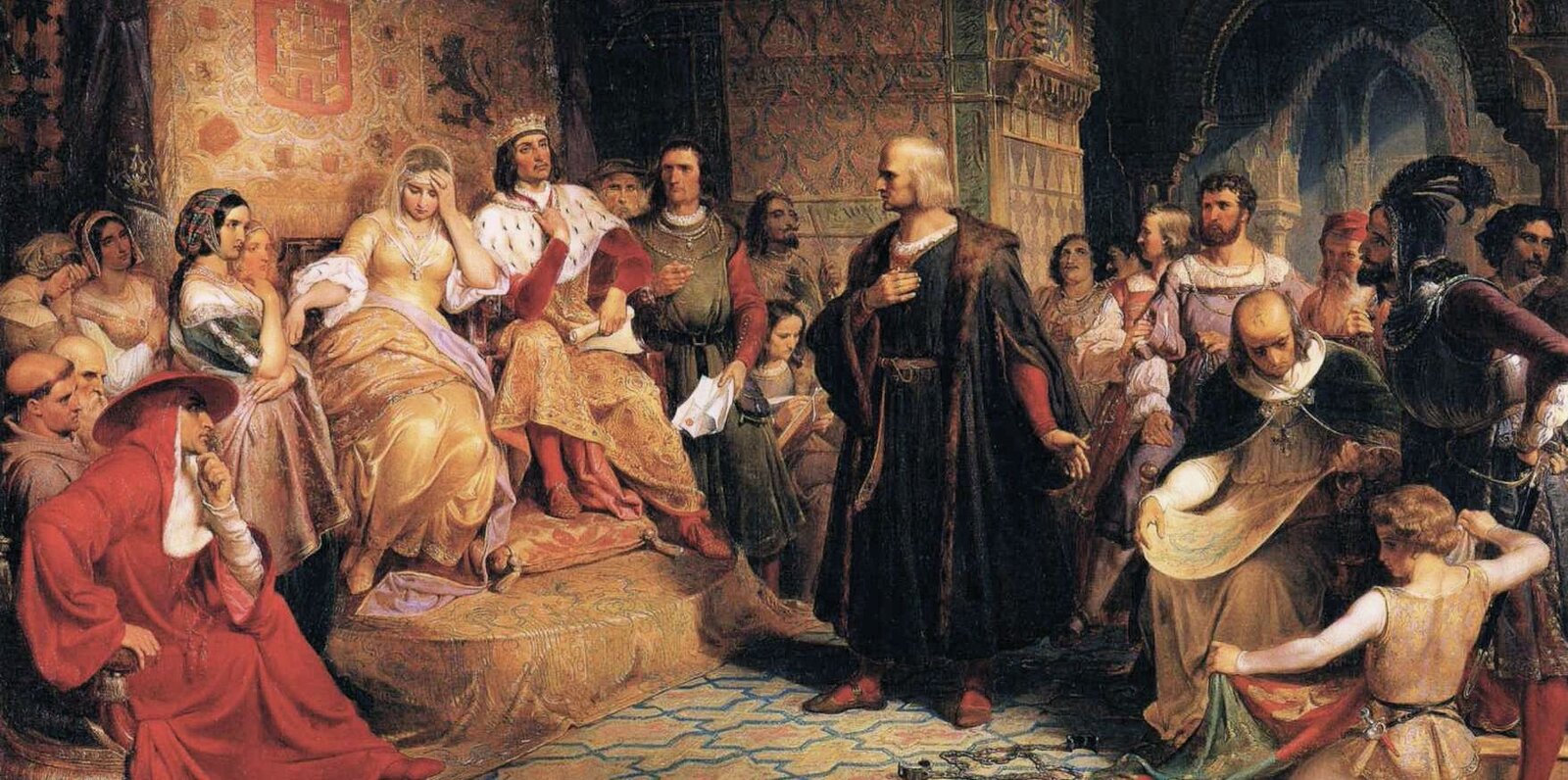 Obraz przedstawia Krzysztofa Kolumba na audiencji u królowej. Mężczyzna o jasnych włosach odziany w długą ciemną tunikę i ciemny płaszcz obszyty futrem stoi w centrum pomieszczenia. Prawą ręką dotyka piersi. Jego twarz jest zwrócona w lewo, w kierunku siedzącej na tronie pary królewskiej. Król ubrany jest w czerwono‑złoty strój i koronę, w lewej dłoni trzyma rulon papieru. Królowa ma na sobie długą, złotą suknię, lewą dłonią dotyka czoła. Parę królewską otacza kilka osób. Obok króla widać mężczyznę trzymającego w dłoni kartki, a za nim twarze dwóch mężczyzn i kobiety. Obok królowej widać kilka kobiet, starca o długiej, siwej brodzie, mnicha i mężczyznę w długim, czerwony stroju i czerwonym kapeluszu. Ich twarze są zwrócone w kierunku Kolumba. Po prawej stronie obrazu, za Kolumbem, widać grupę strojnie ubranych kobiet i mężczyzn oraz małe dziecko. Ściany komnaty są bogato zdobione.