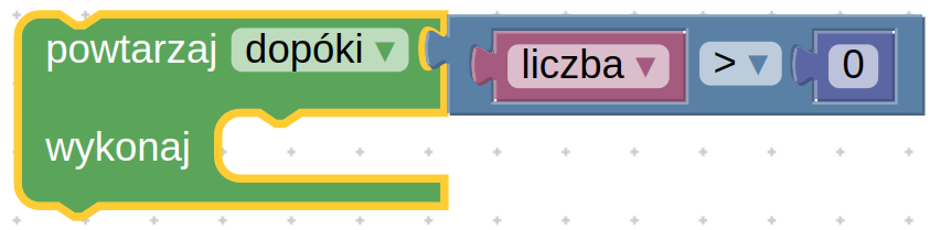 Ilustracja przedstawia dwa połączone bloki programu  Scratch pierwszy z napisem: powtarzaj, lista rozwijana dopóki koniec listy, na drugim znajduje się zapis: lista rozwijana liczba koniec listy, lista rozwijana znak większości koniec listy, zero.