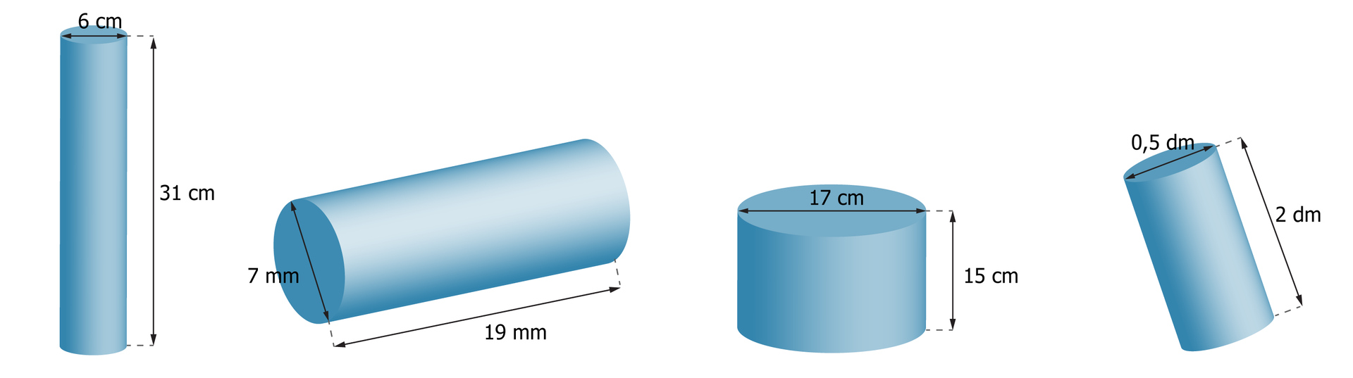 Ilustracja przedstawia cztery różne walce, każdy z nich ma podaną wysokość i średnicę podstawy. Pierwszy walec od lewej ma wysokość 31 centymetrów i średnicę podstawy 6 centymetrów. Drugi walec ma wysokość 19 milimetrów i średnicę podstawy 7 milimetrów. Trzeci walec ma wysokość 15 centymetrów i średnicę podstawy 17 centymetrów, a czwarty ma wysokość 2 decymetry i średnicę podstawy pół decymetra.