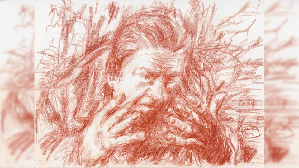 Rysunek przedstawia dojrzałego mężczyznę. Jego twarz wyraża rozpacz. Mężczyzna zbliża rozłożone dłonie do swojej twarzy.