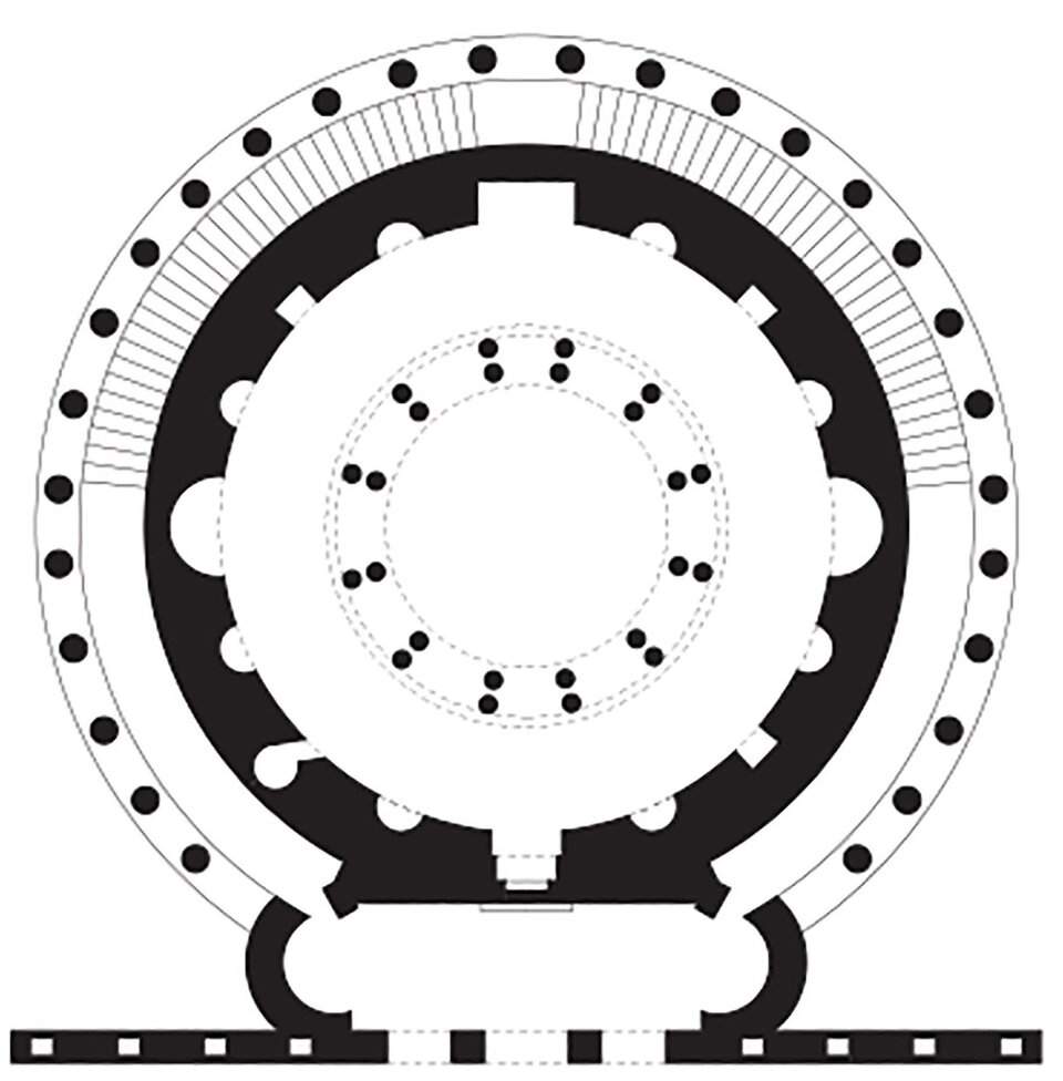 Czarno‑biały schemat architektoniczny o planie centralnym: okrągła budowla z koncentrycznymi pierścieniami murów, wewnętrznym kręgiem kolumn oraz zewnętrznym obejściem. Zaznaczone są wejścia, półkoliste wnęki i rytmicznie rozmieszczone podpory, a całość przedstawiona jest w uproszczonym, geometrycznym rzucie poziomym.