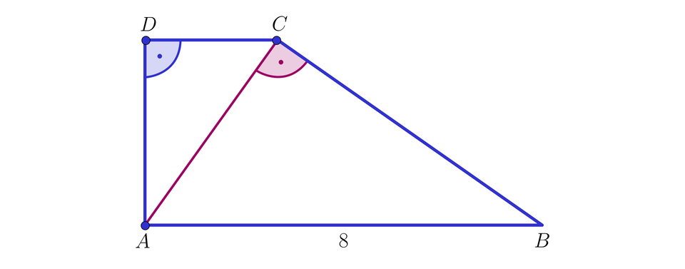 Ilustracja przedstawia trapez prostokątny ABCD o podstawie długości osiem. Przekątna tworzy z wierzchołkiem C, kąt prosty. 