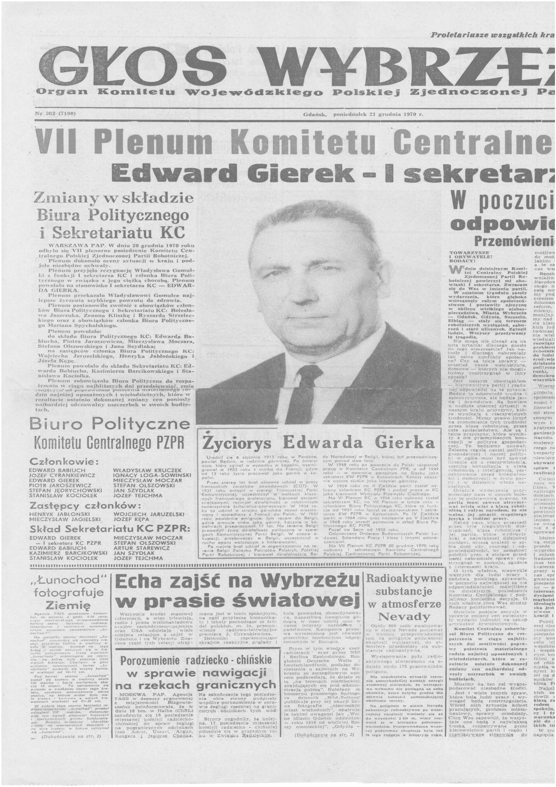 Zdjęcie przedstawia stronę tytułową Głosu Wybrzeża. Główny tytuł to Siódme Plenum Komitetu Centralnego Edward Gierek pierwszym sekretarzem. Poniżej znajduje się zdjęcie Edwarda Gierka.