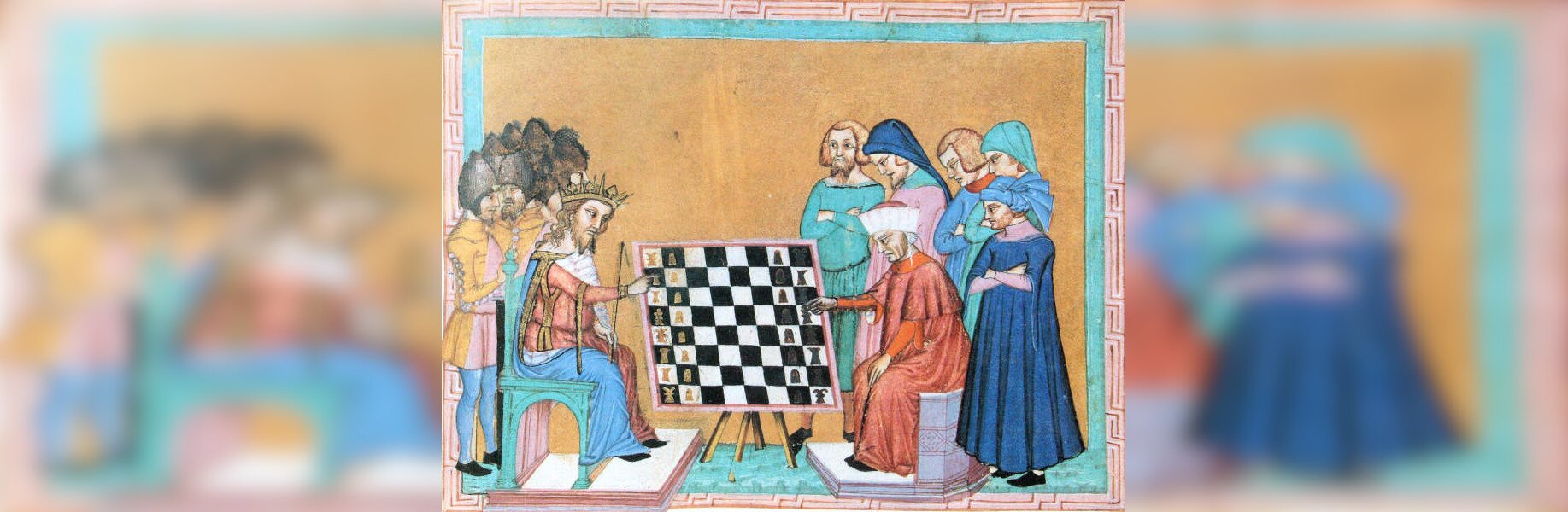 Obraz przedstawia grę w szachy. Przy szachownicy siedzi po lewej stronie król w koronie, po prawej stronie starzec w długiej szacie. Za królem stoi grupa żołnierzy, za starcem pięciu mężczyzn w długich szatach. Wszyscy przyglądają się grze.