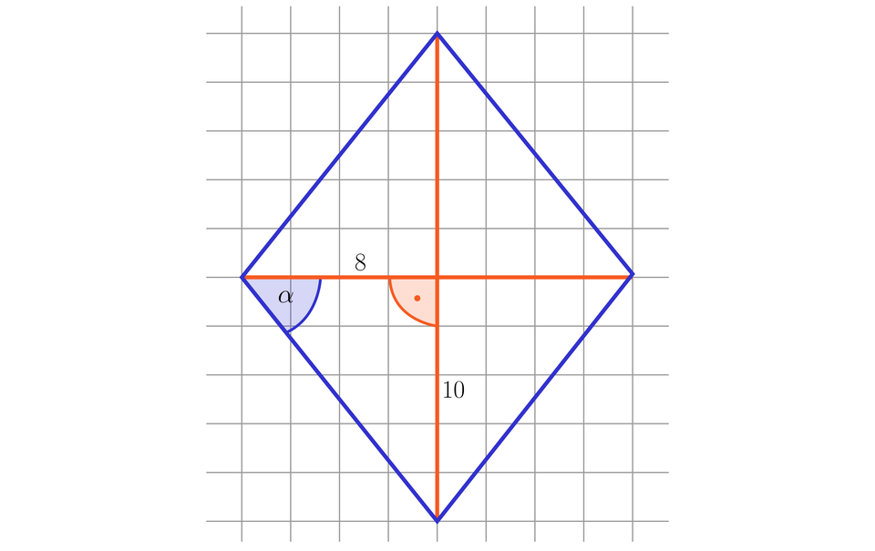 Ilustracja przedstawia romb naniesiony na tło w kratkę. W figurze poprowadzono przekątne przecinające się pod kątem prostym. Pozioma przekątna ma długość 16, a pionowa dwadzieścia. Wybrano dolną lewą ćwiartkę figury wydzieloną przekątnymi. Ćwiartka ta jest trójkątem prostokątnym o poziomej przyprostokątnej 8 i pionowej o długości dziesięć. Bok rombu to przeciwprostokątna. Między przeciwprostokątną a przyprostokątną o długości 8 oznaczono kąt ostry alfa.