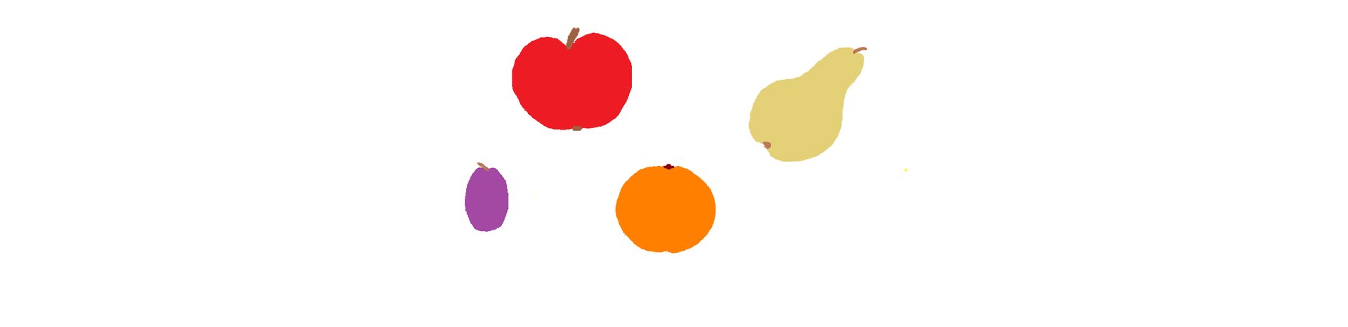 Ilustracja przedstawia owoce wypełnione kolorem: jabłko, gruszka, śliwka, pomarańcza. 