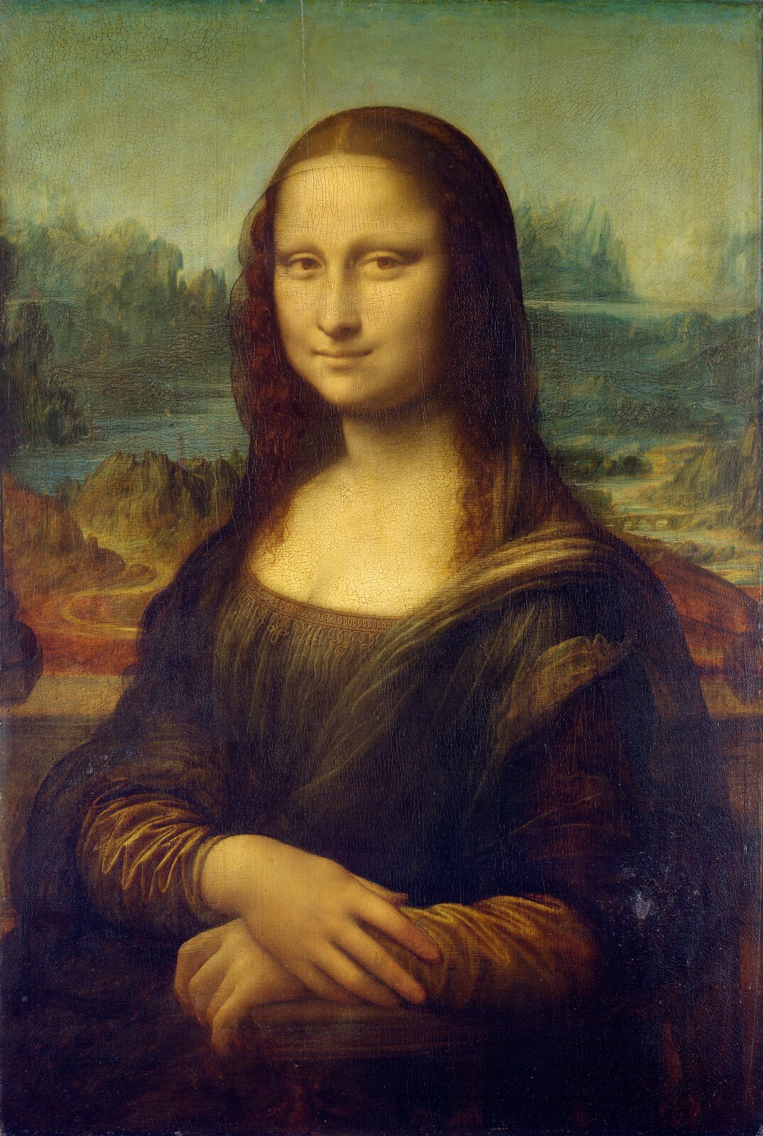 Ilustracja przedstawia obraz olejny „Mona Lisa”, autorstwa Leonarda da Vinci. Dzieło ukazuje portret damy w sukni z ciemno‑zielonym gorsetem i beżowymi rękawami. Na ramiona zarzucony ma niebieski płaszcz. Ciemne, drobno pofalowane włosy z przedziałkiem pośrodku głowy okrywa czarny, przezroczysty woal. Prawa dłoń ułożona jest na lewej. Na twarzy kobiety rysuje się delikatny uśmiech. Spokojna, pełna dostojeństwa postać ukazana jest na dynamicznym tle, pełnym zakoli rzek, krętych ścieżek i ostrych szczytów pagórków. Dzieło utrzymane jest w wąskiej, ciemnej tonacji z dominacją ciepłych beżów, zieleni oraz chłodnym błękitem w tle.