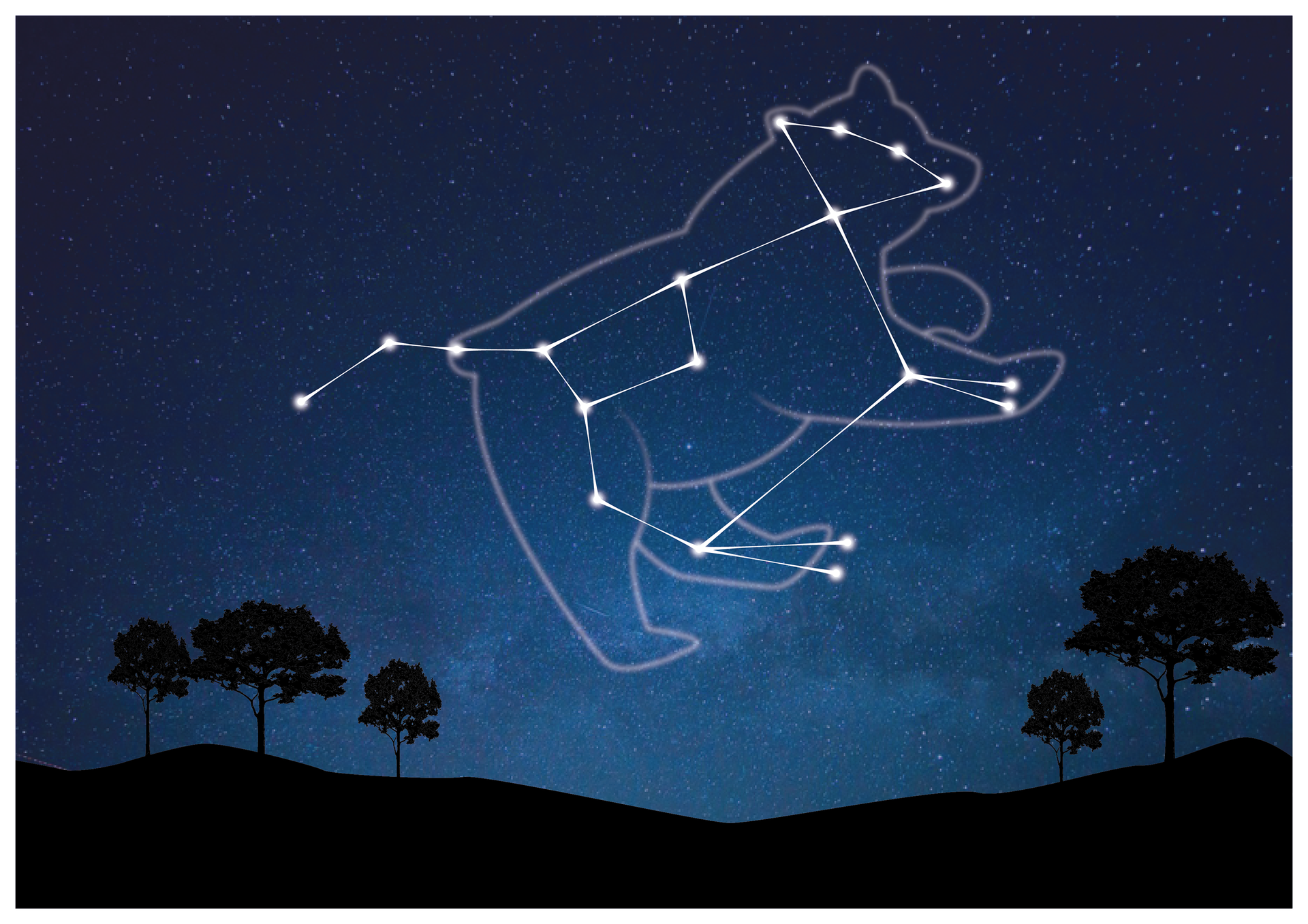 Ilustracja przedstawia gwiazdozbiór Wielka Niedźwiedzica (Ursa Maior) na nocnym niebie. Dla lepszego efektu, gwiazdy połączono odcinkami i narysowano na nich kształt niedźwiedzia.